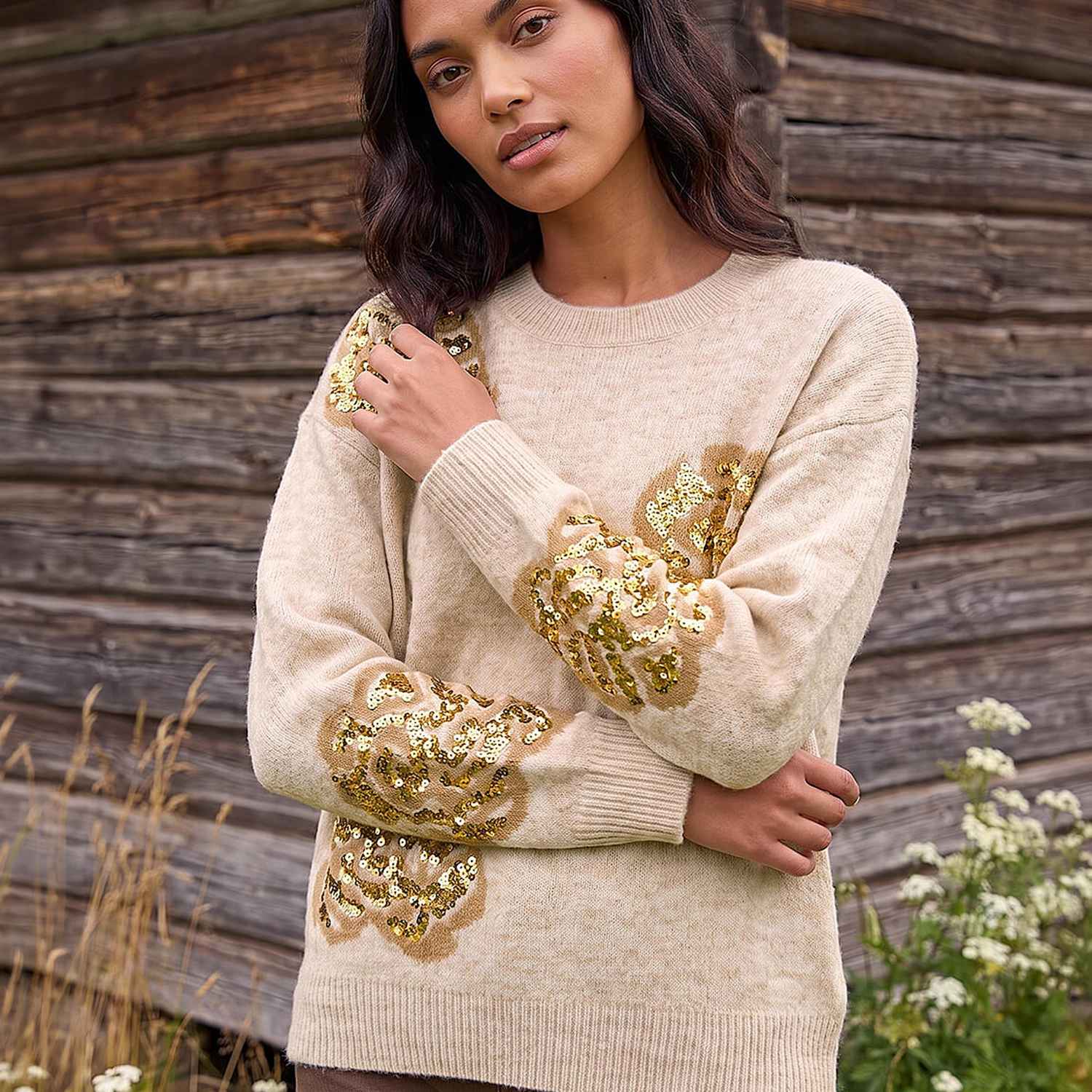 Roman Women's Floral Sequin Jumper - 12 - Beige Mix - Available at M&S