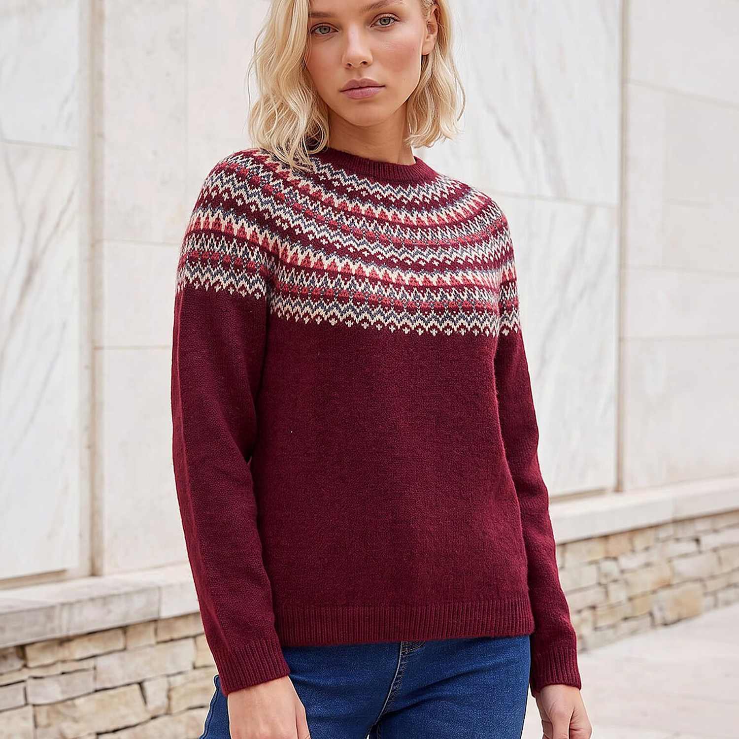 Roman Women's Petite Fairisle Jumper - 14 - Burgundy Mix - Available at M&S