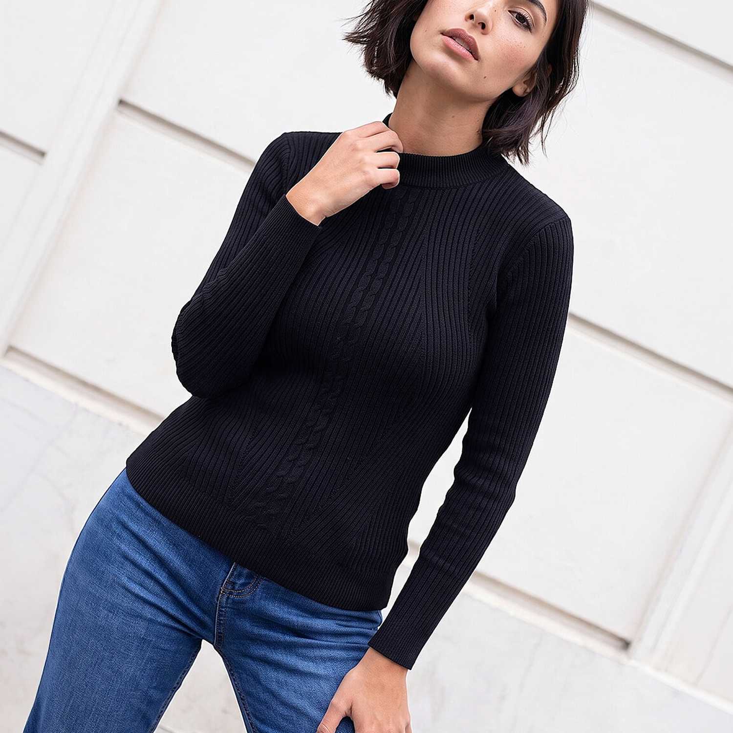 Roman Women's Rayon Blend Cable Knit Roll Neck Jumper - 18 - Black Mix - Available at M&S