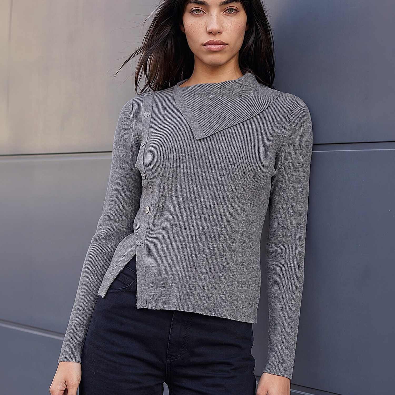 Roman Women's Rayon Blend Open Neck Button Detail Jumper - 14 - Grey Mix - Available at M&S