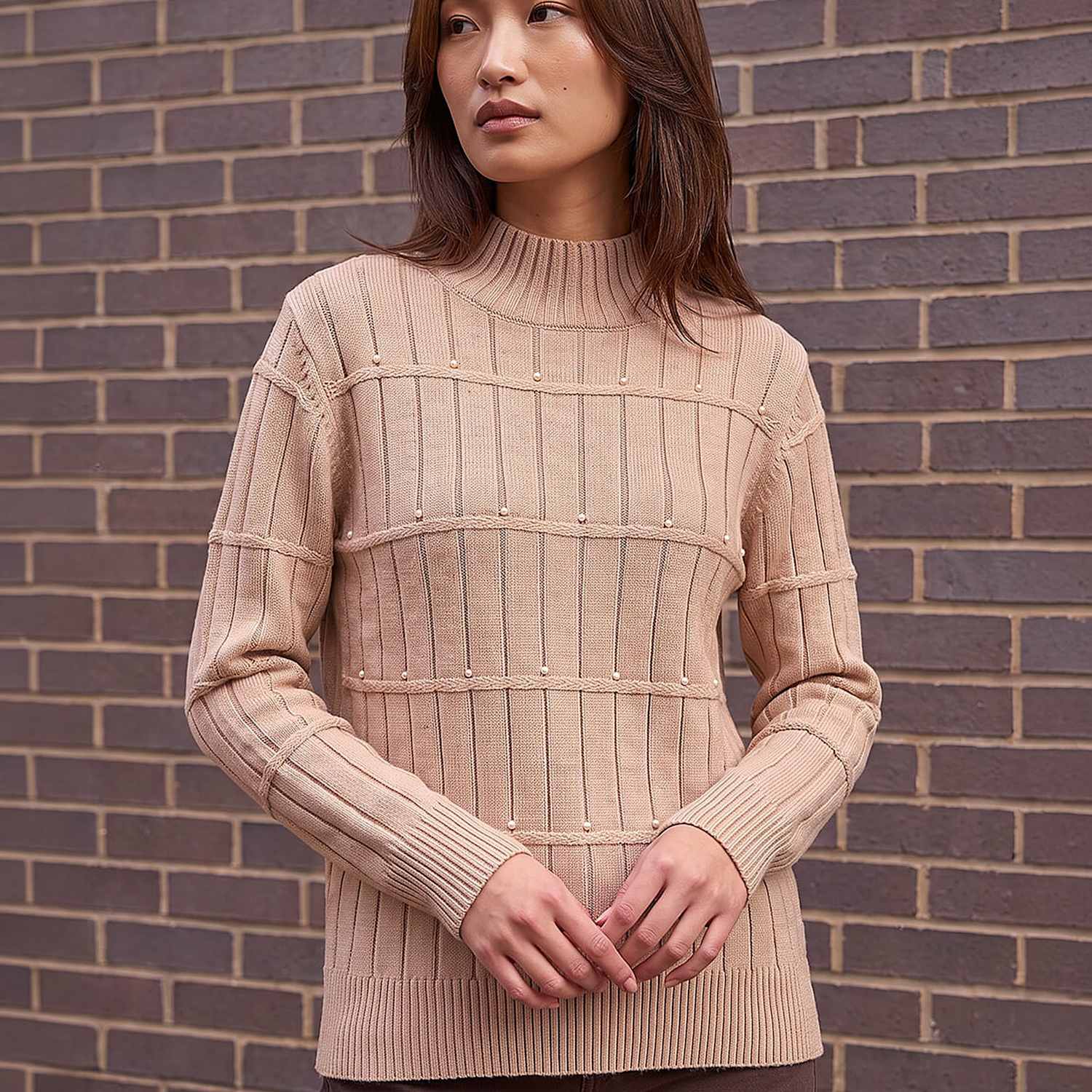 Roman Women's Rayon Blend Embellished Ribbed Jumper - 20 - Beige Mix - Available at M&S