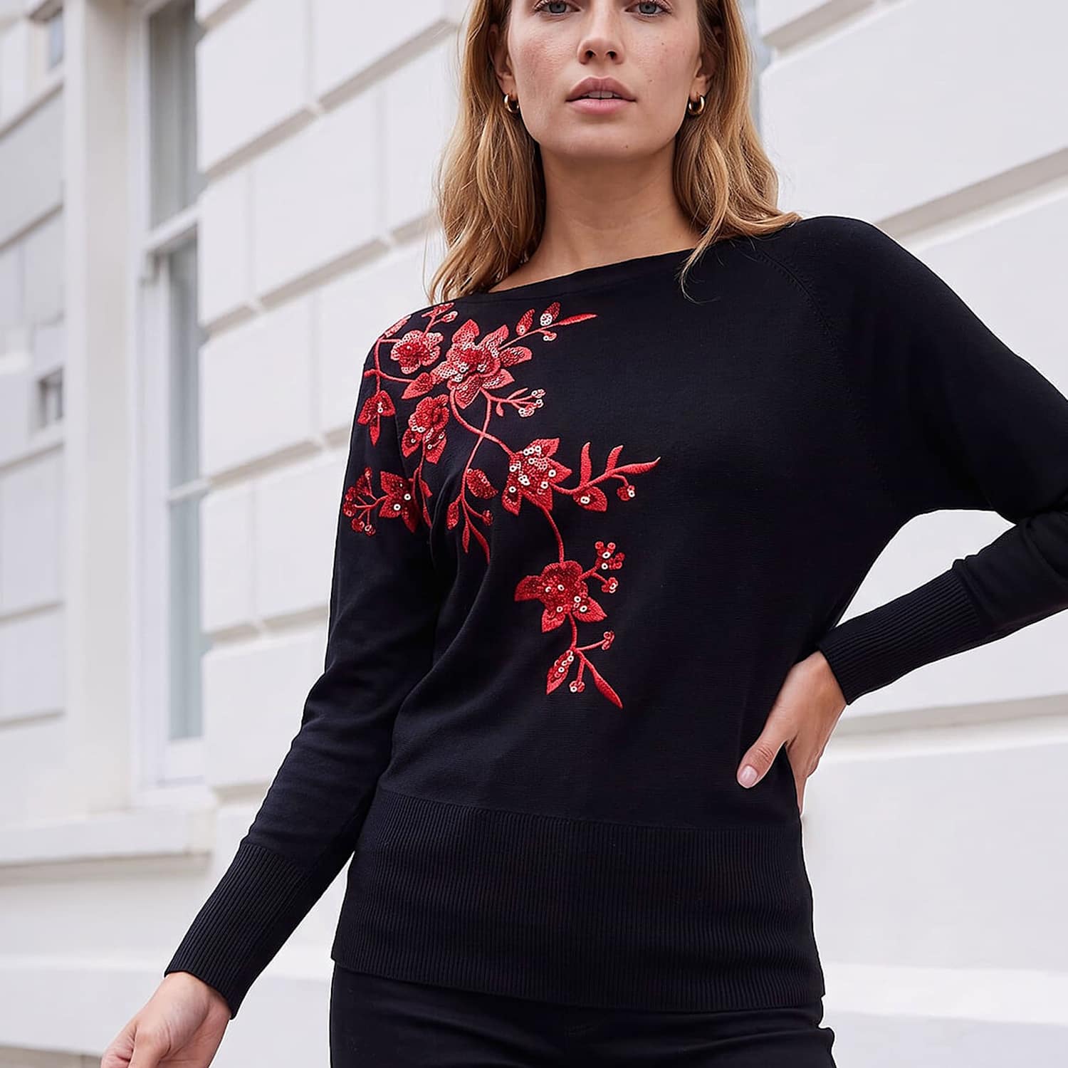 Roman Women's Rayon Rich Sequin Floral Jumper - 14 - Red Mix - Available at M&S
