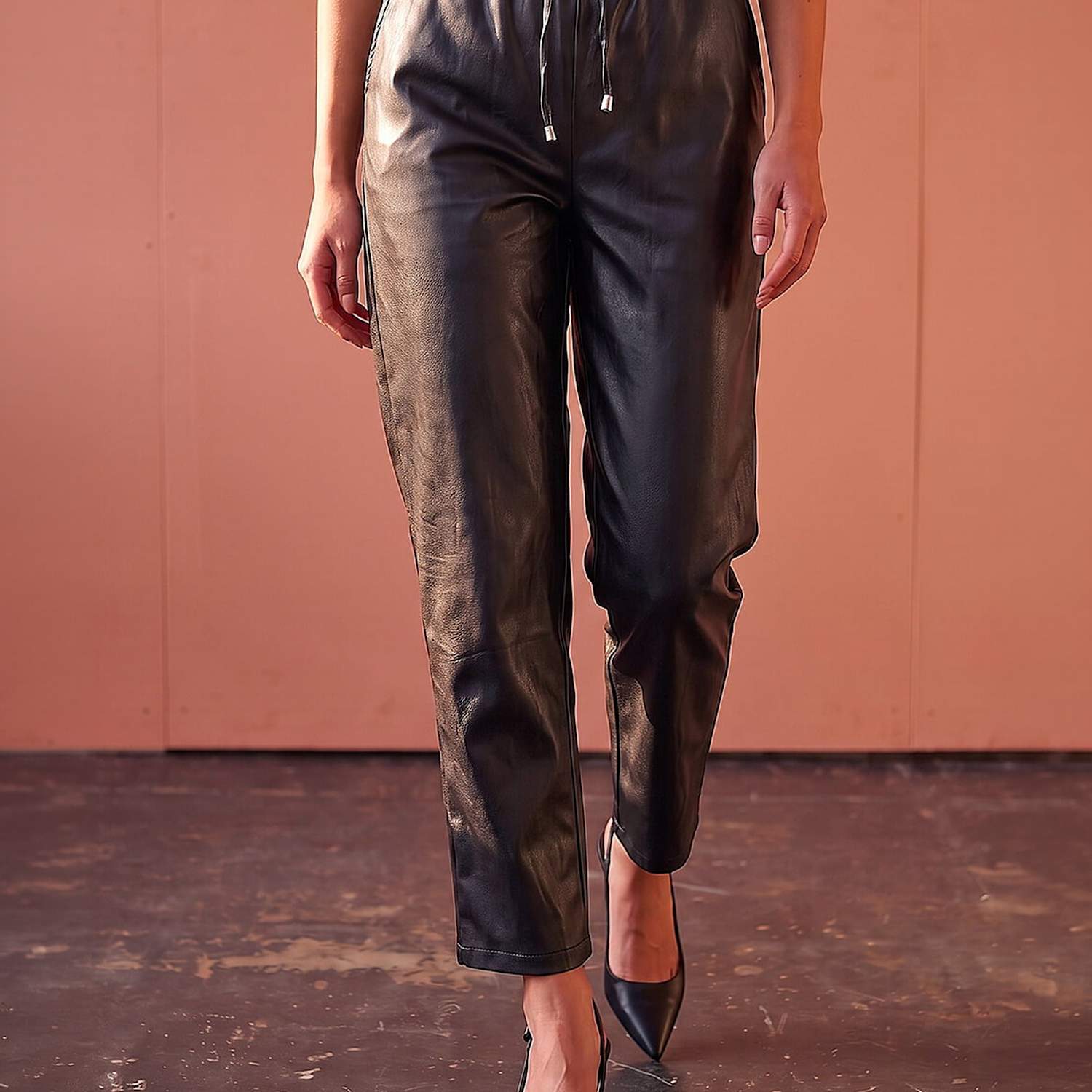 Roman Women's Petite Leather Look Drawstring Trousers - 14 - Black Mix - Available at M&S