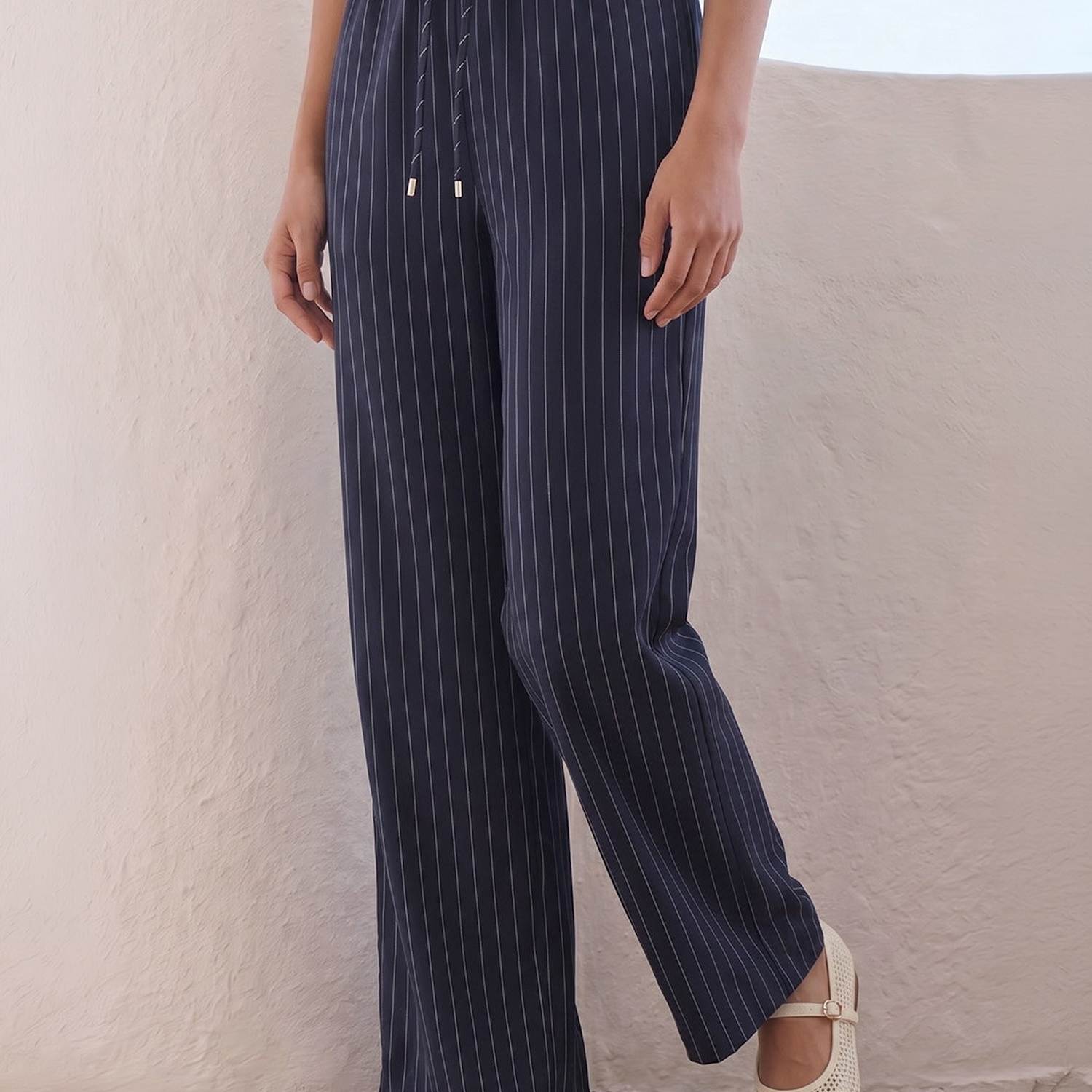 Roman Women's Petite Ponte Striped Drawstring Wide Leg Trousers - 14 - Navy Mix - Available at M&S