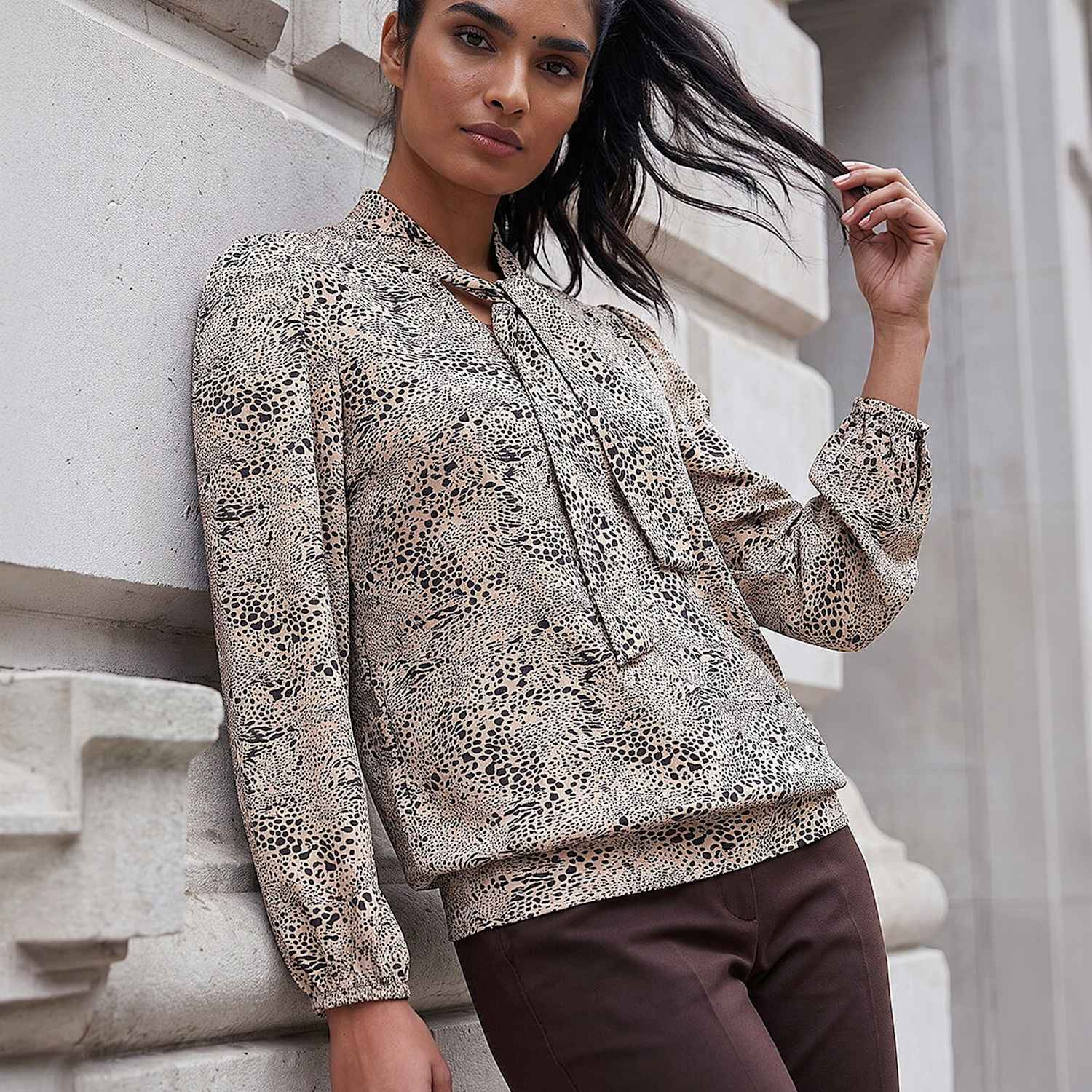 Roman Women's Animal Print Tie Neck Regular Fit Top - 18 - Beige Mix - Available at M&S
