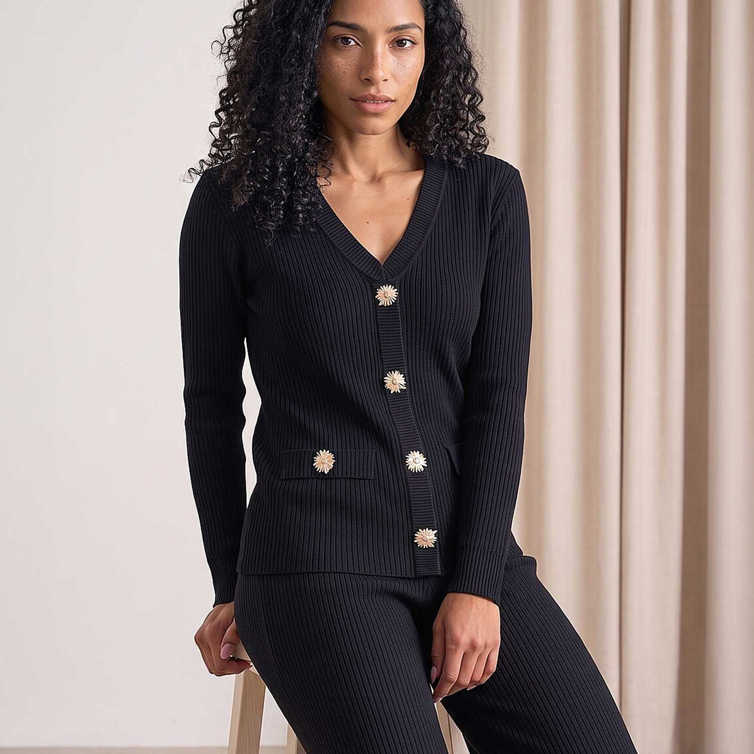 Roman Women's Button Detail Knitted Top - 10 - Black Mix - Available at M&S