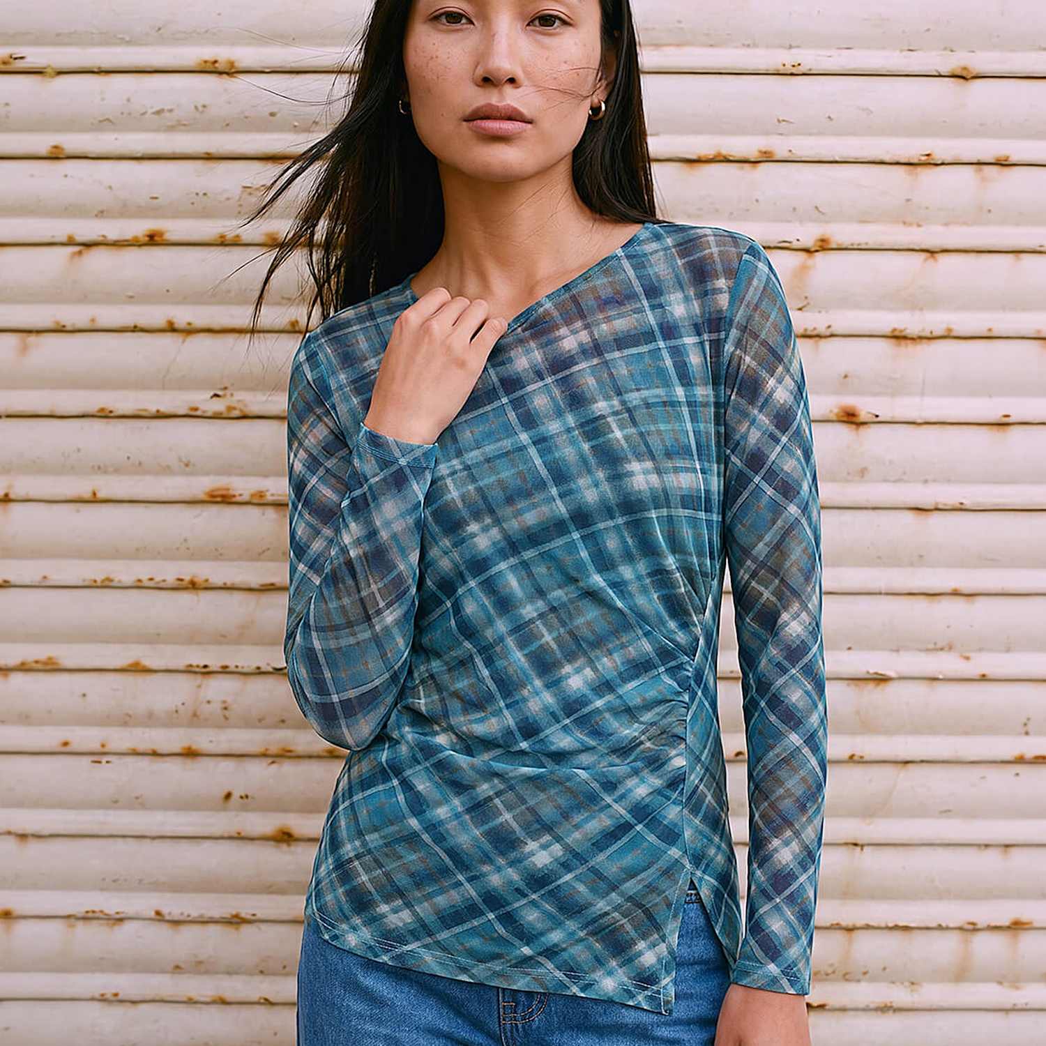 Roman Women's Checked Regular Fit Gathered Top - 10 - Blue Mix - Available at M&S