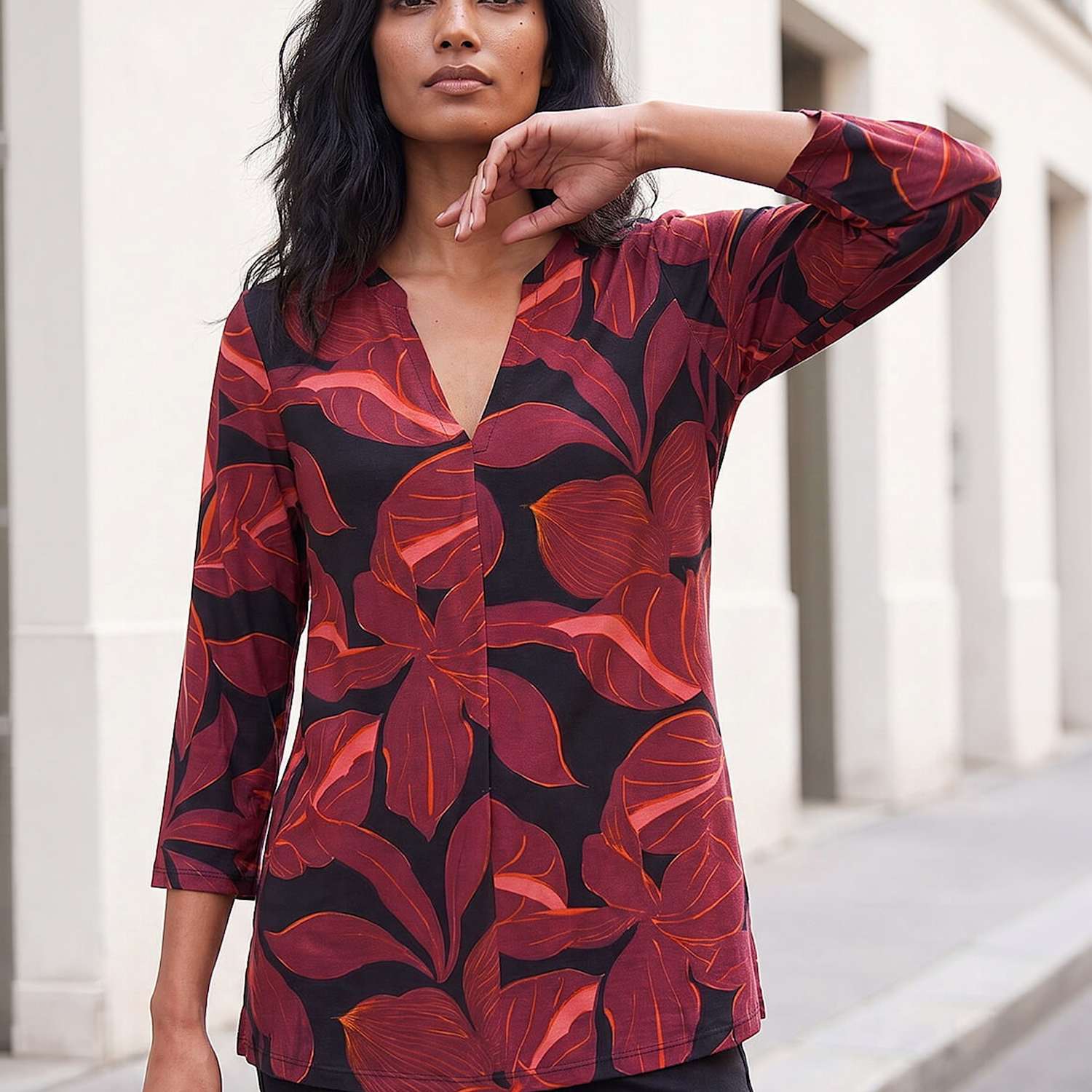 Roman Women's Floral V Neck Stretch Top - 16 - Red Mix - Available at M&S