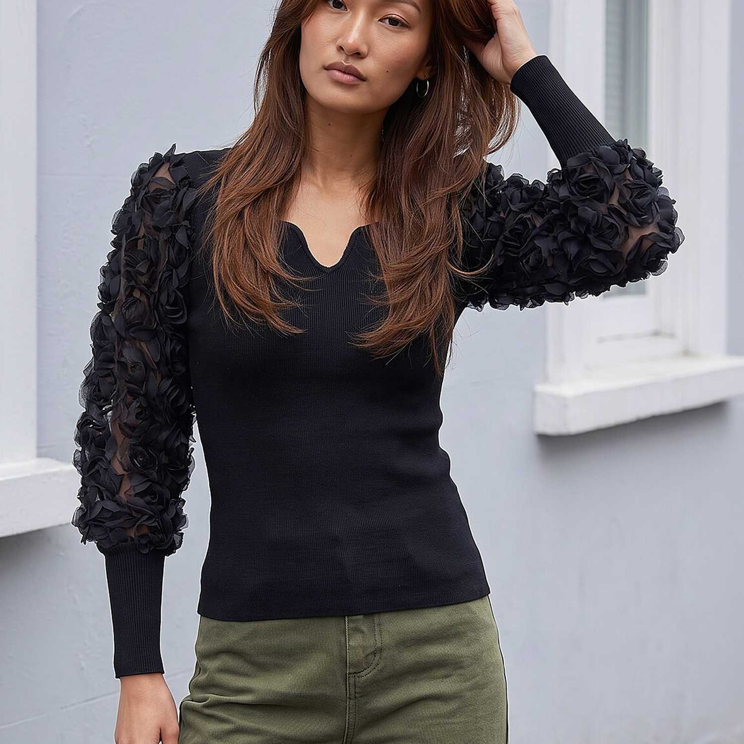 Roman Women's Lace Sleeve V Neck Knitted Top - 18 - Black Mix - Available at M&S