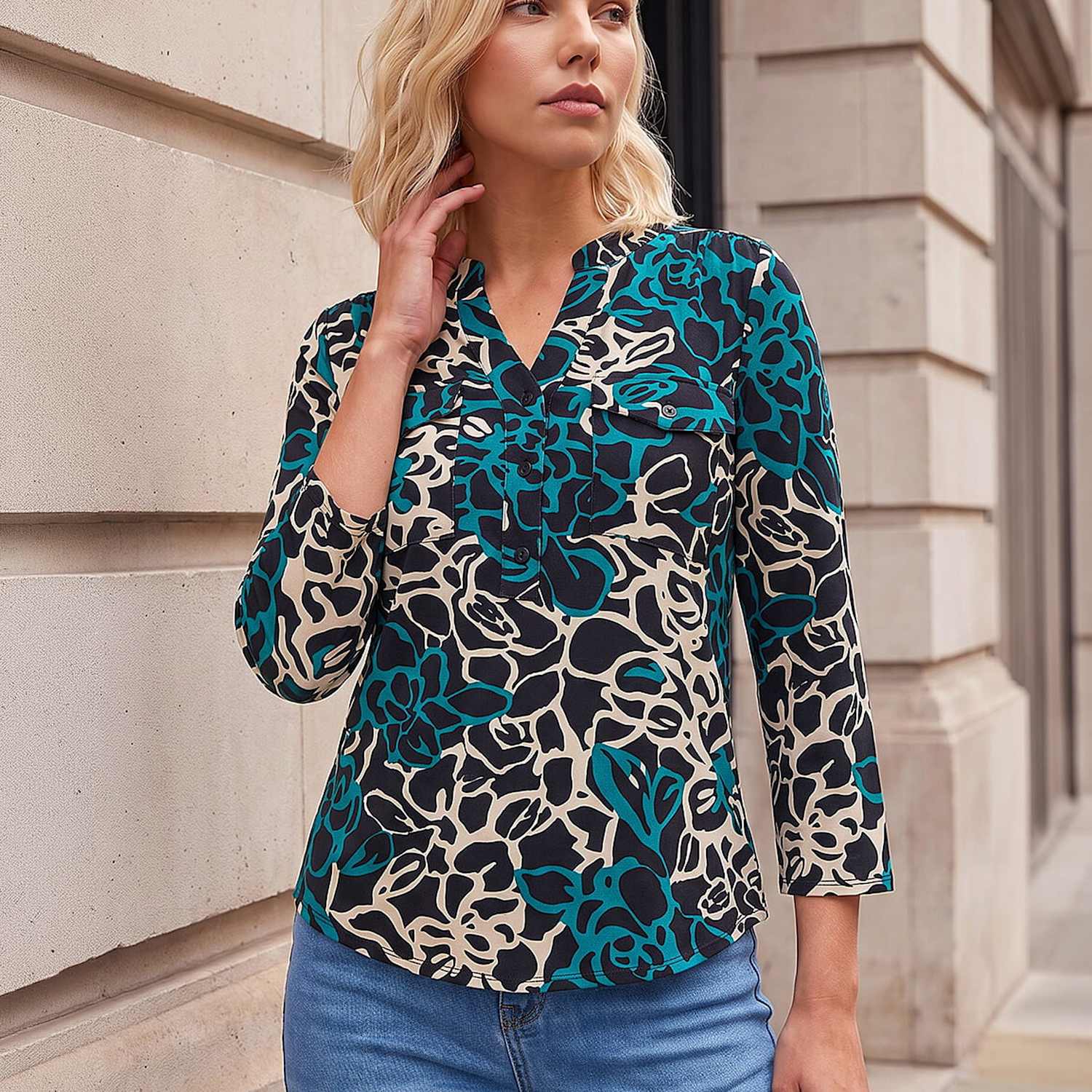 Roman Women's Petite Abstract Print Button Top - 16 - Black Mix - Available at M&S