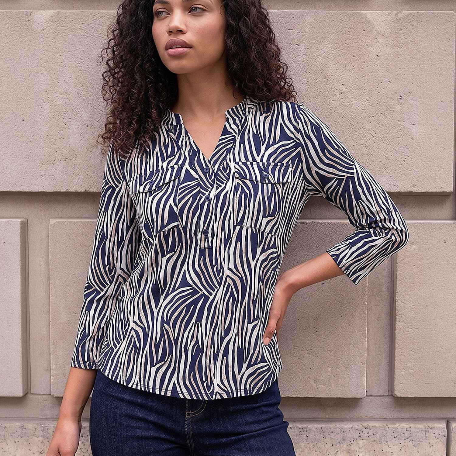 Roman Women's Petite Animal Print Button Top - 14 - Navy Mix - Available at M&S