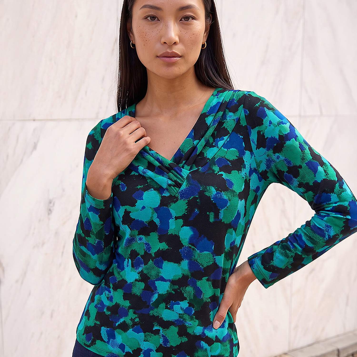 Roman Women's Printed V Neck Stretch Top - 18 - Green Mix - Available at M&S