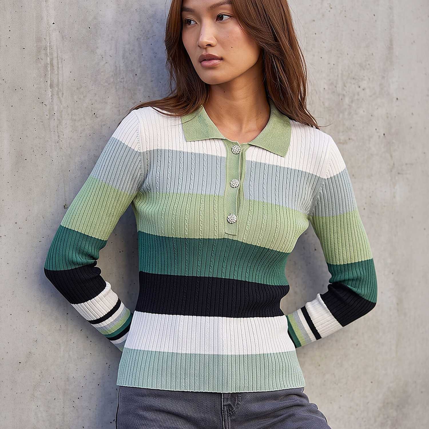 Roman Women's Striped Collared Regular Fit Top - 20 - Green Mix - Available at M&S