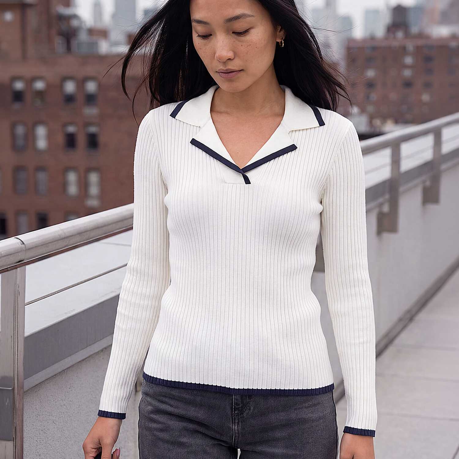 Roman Women's Tipped Detail Ribbed Henley Top - 18 - Ivory Mix - Available at M&S