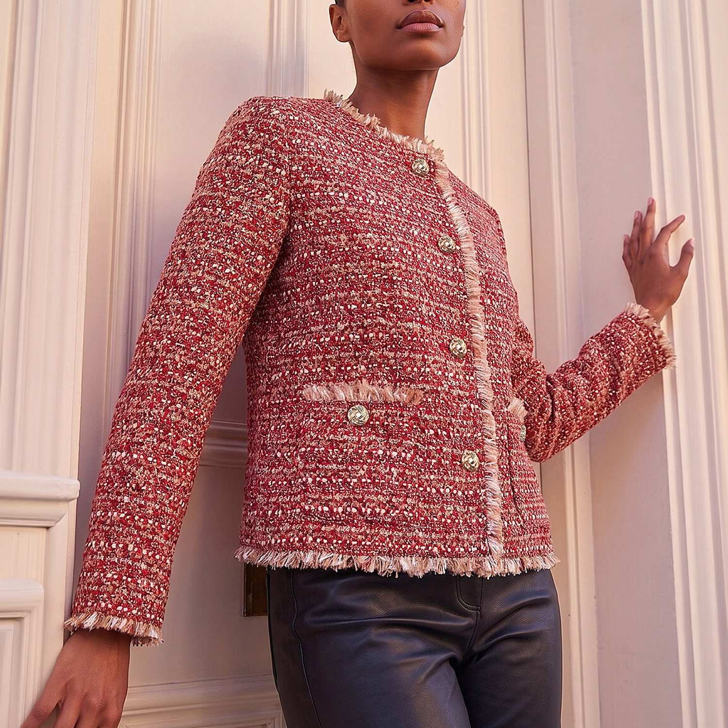 Roman Women's Frayed Edge Boucle Jacket - 14 - Red Mix - Available at M&S