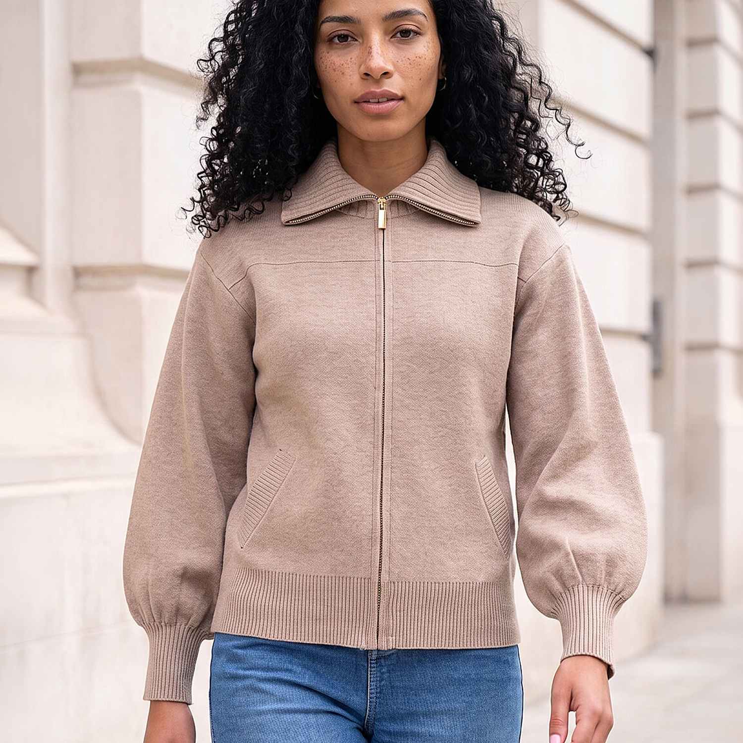 Roman Women's Knitted Bomber Jacket - 16 - Beige Mix - Available at M&S