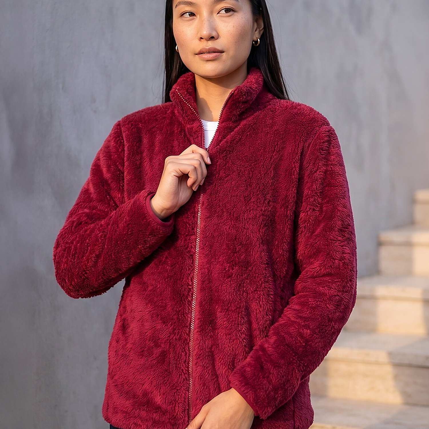 Roman Women's Sherpa Fleece Jacket - Small - Burgundy Mix - Available at M&S