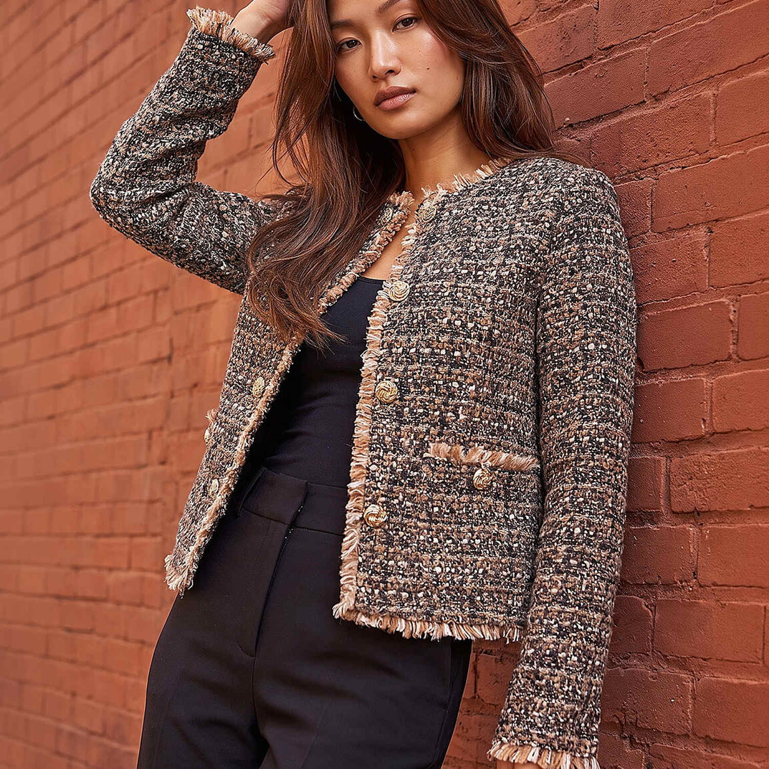 Roman Women's Boucle Frayed Edge Cropped Jacket - 20 - Brown Mix - Available at M&S