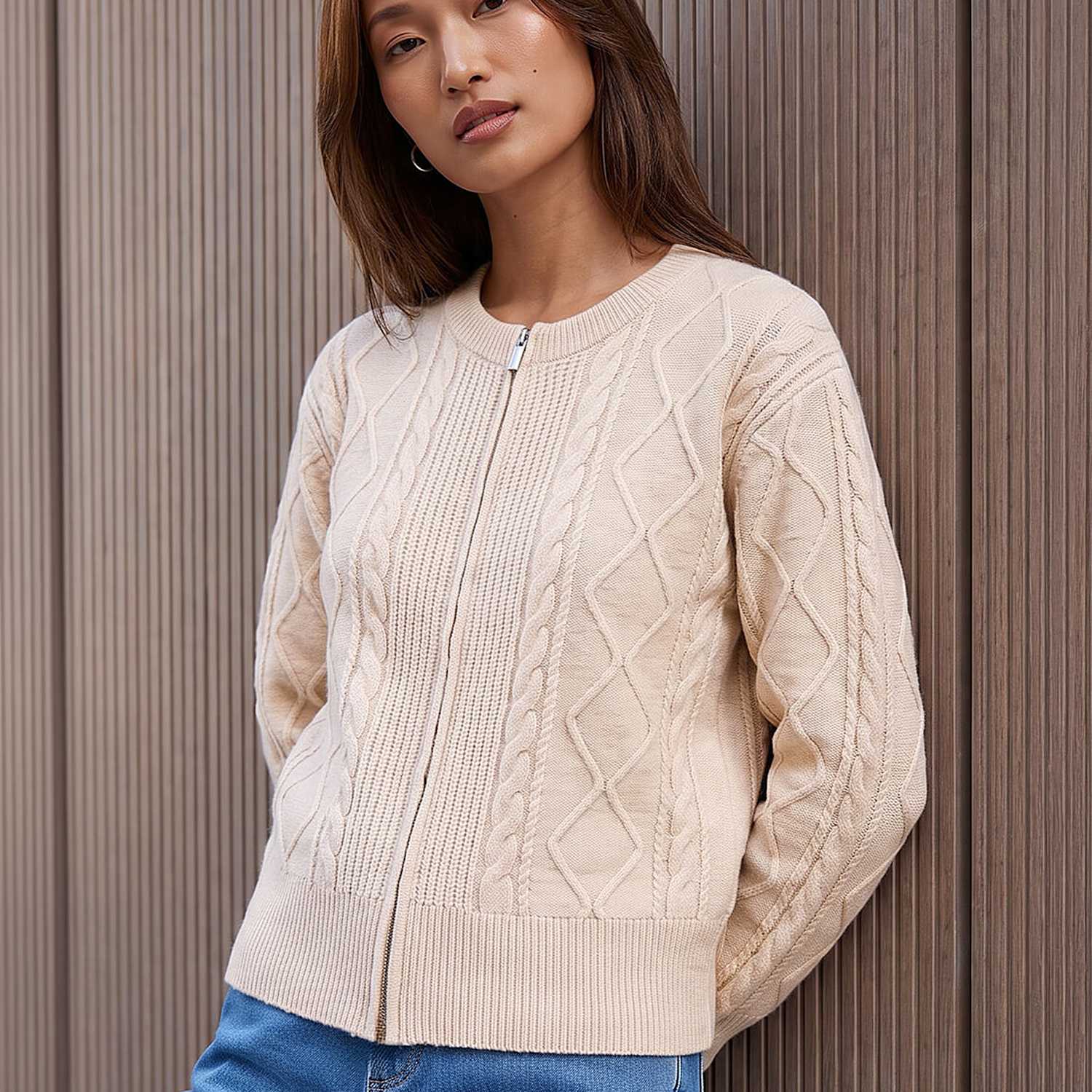 Roman Women's Knitted Cable Cropped Bomber Jacket - 14 - Ivory Mix - Available at M&S