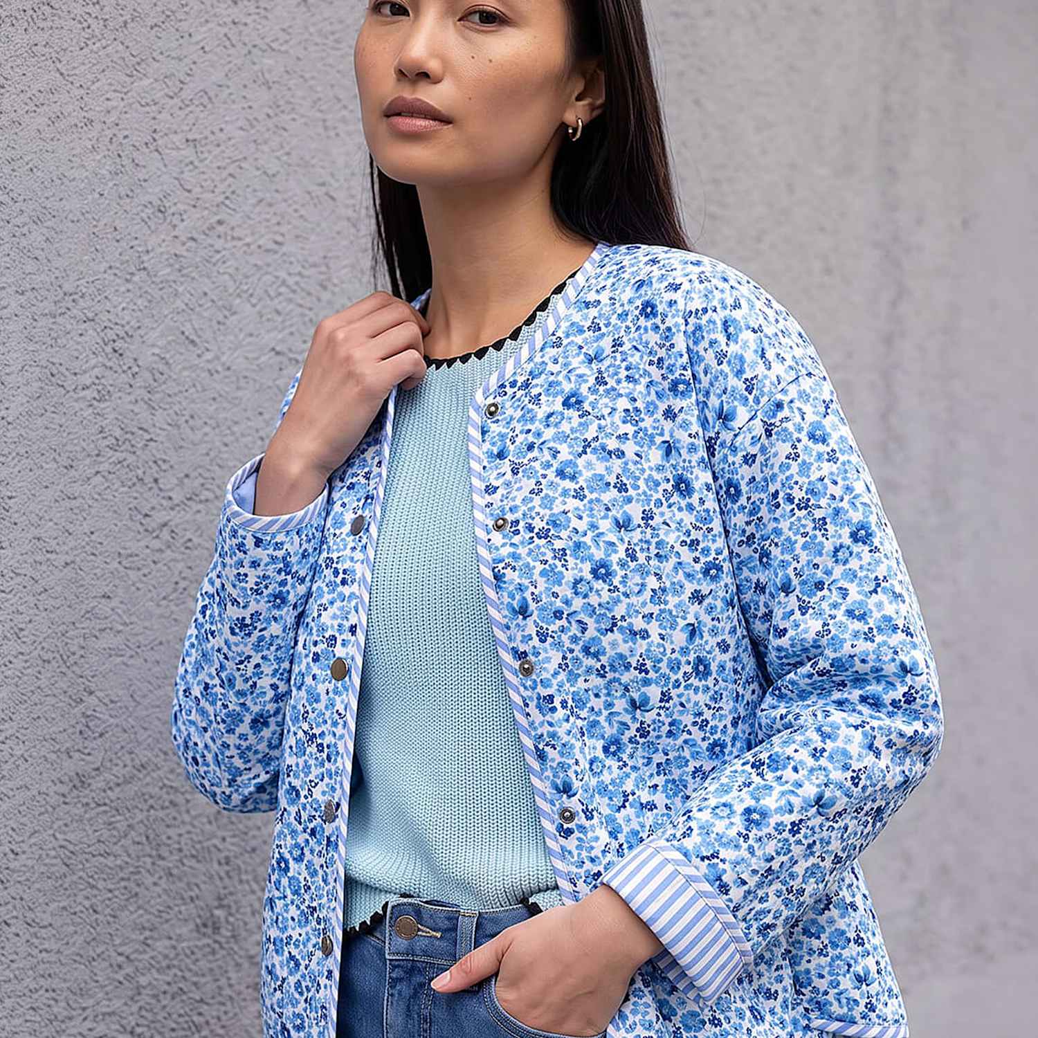 Roman Women's Pure Cotton Floral Quilted Jacket - 12 - Blue Mix - Available at M&S