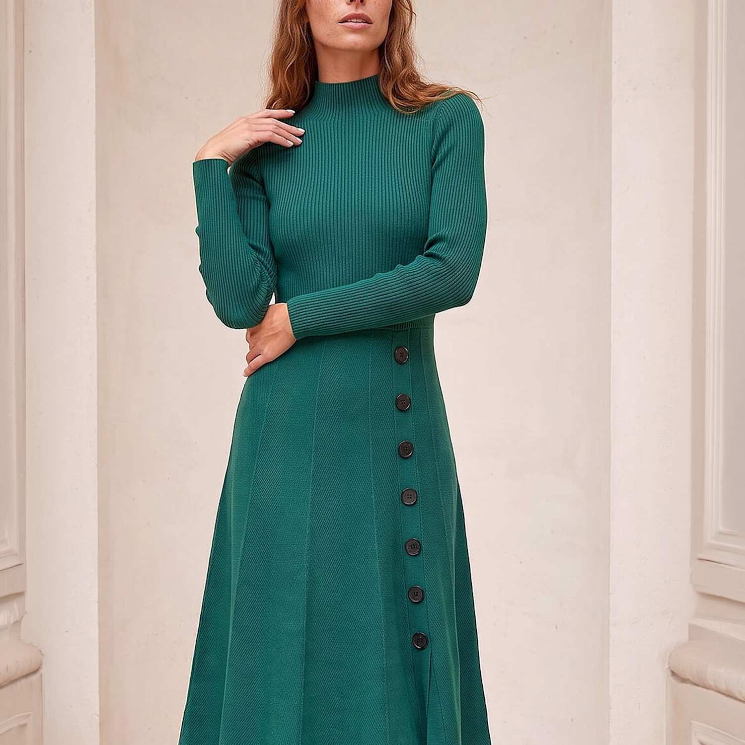 Roman Women's Knitted High Neck Button Detail Knee Length Swing Dress - 16 - Green - Available at M&S