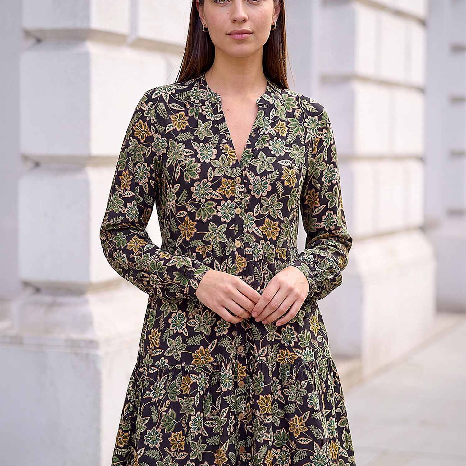 Roman Women's Floral V Neck Button Detail Knee Length Swing Dress - 10 - Green - Available at M&S