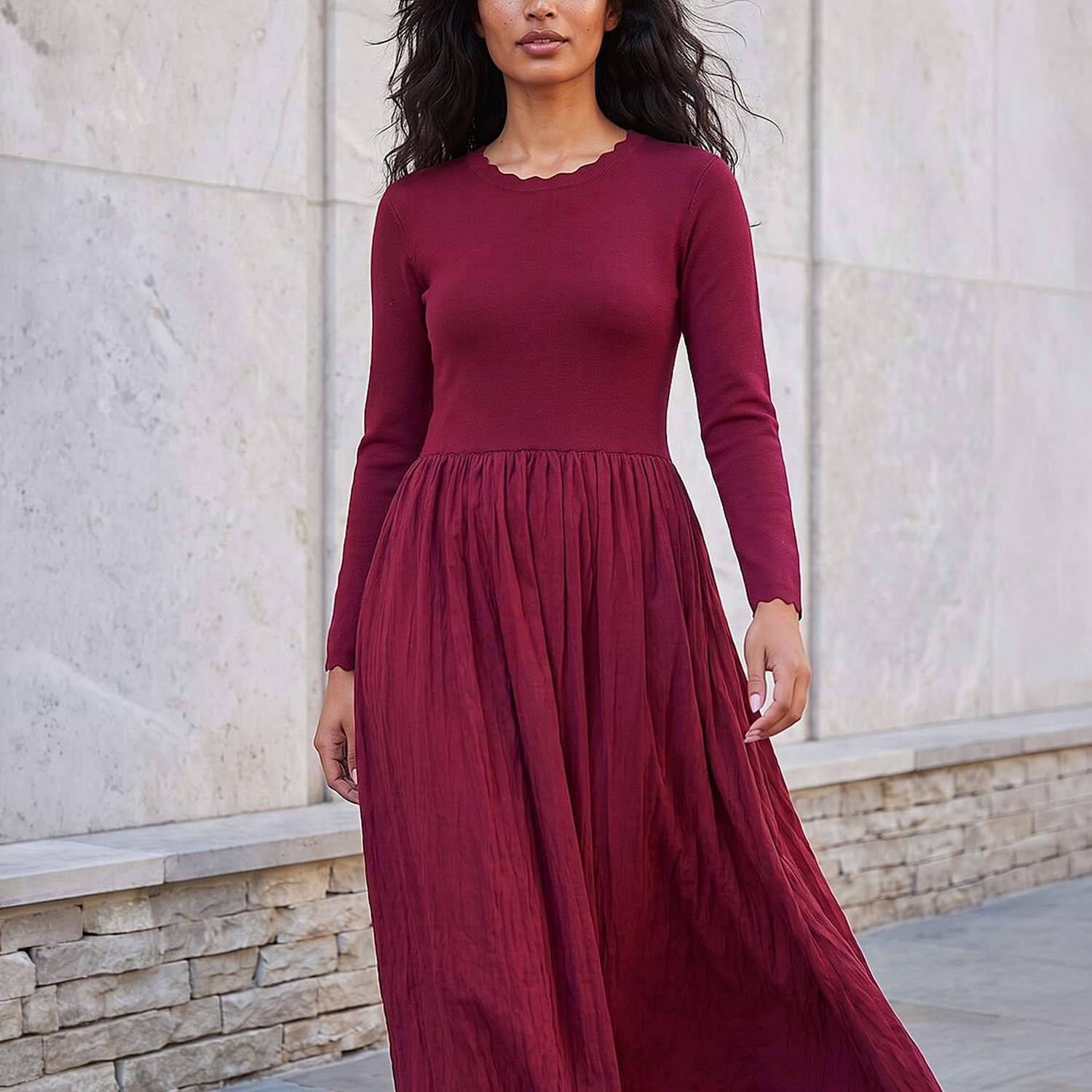 Roman Women's Scallop Neck Swing Dress - 12 - Burgundy - Available at M&S