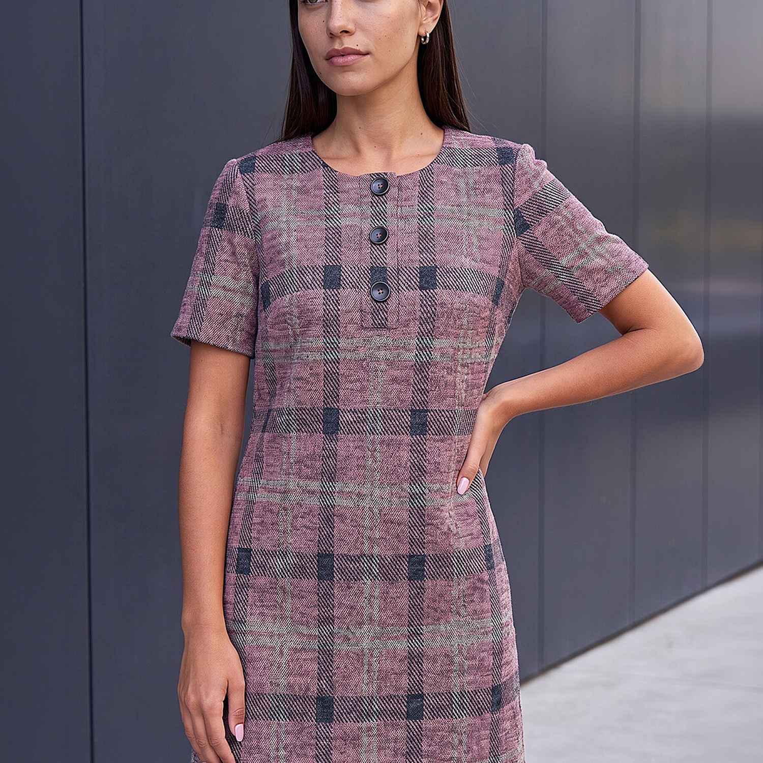 Roman Women's Checked Button Shift Dress - 14 - Dusky Rose - Available at M&S