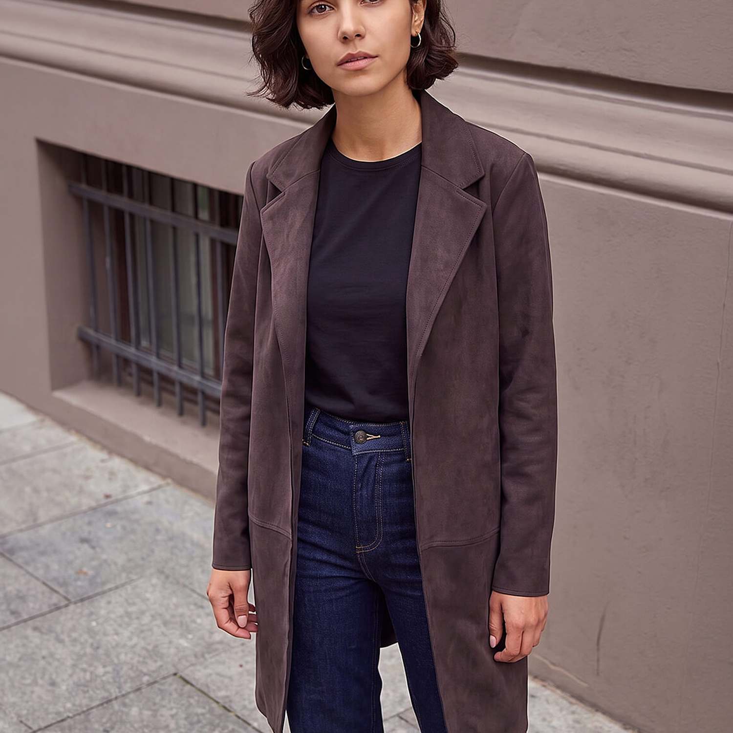 Roman Women's Suedette Revere Collar Longline Jacket - 18 - Chocolate - Available at M&S