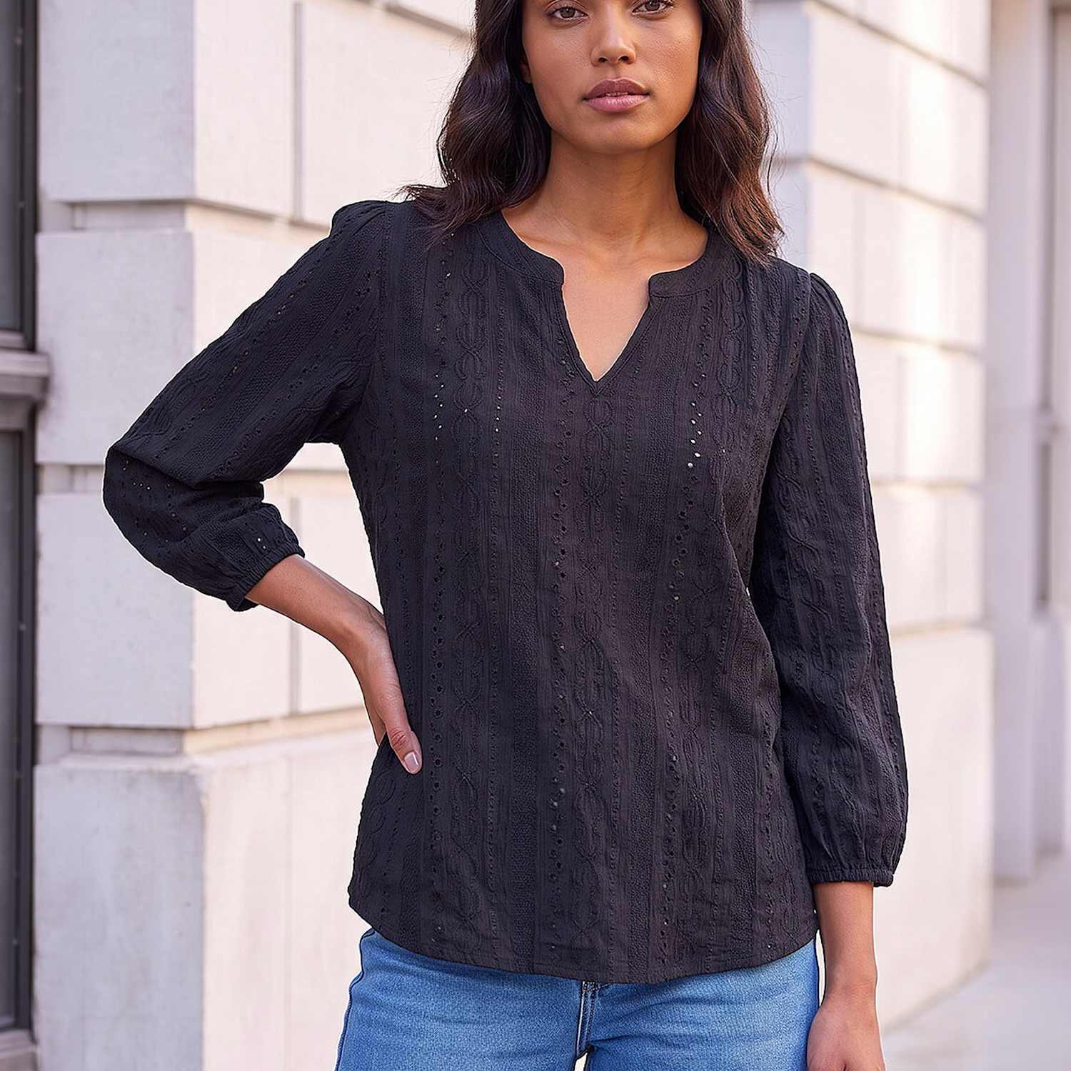 Roman Women's Broderie Detail Tunic Top - 18 - Black - Available at M&S