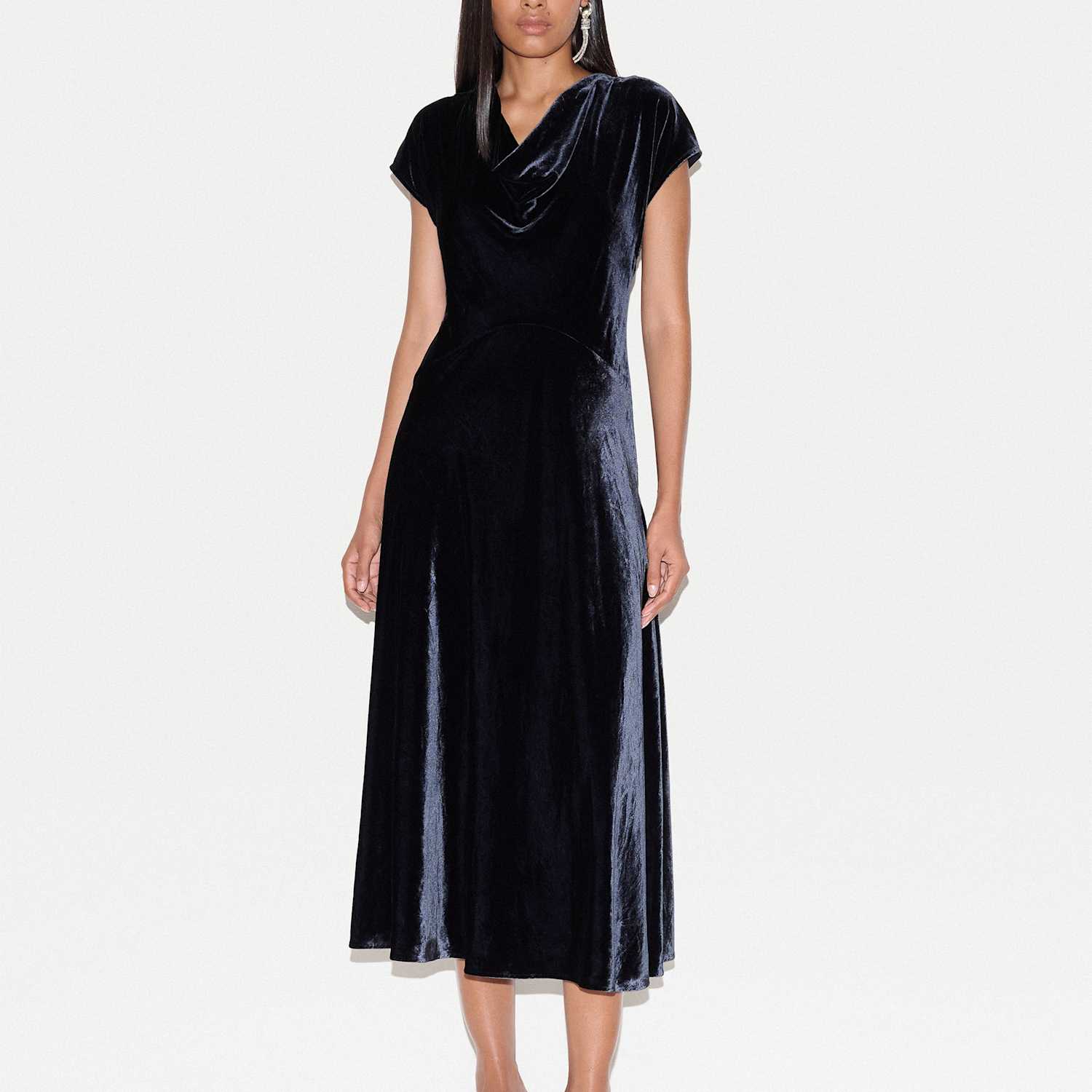 Jigsaw Women's Velvet Cowl Neck Midi Waisted Dress - 12 - Navy - Available at M&S