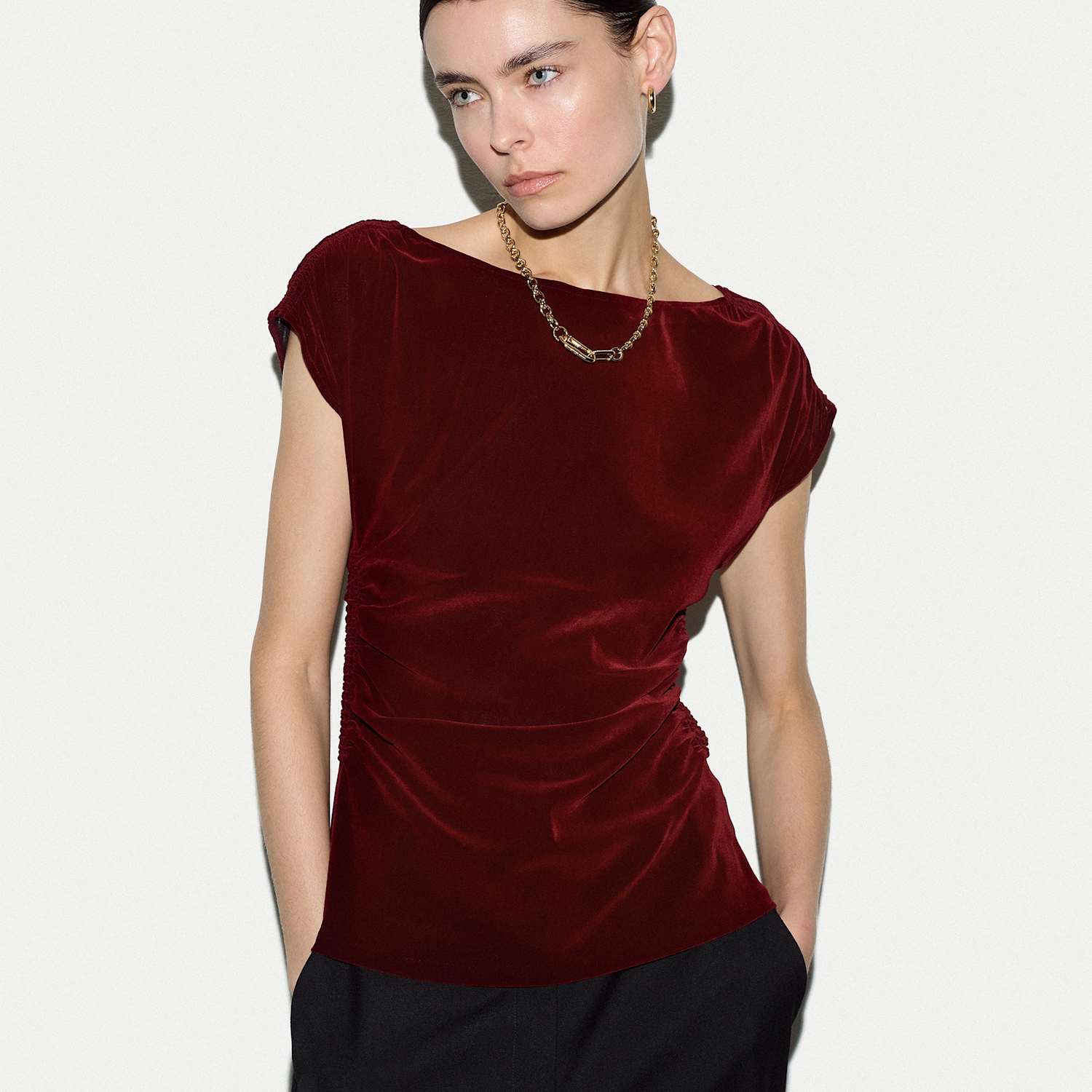 Jigsaw Women's Velvet Ruched Slash Neck Top - Medium - Dark Red - Available at M&S
