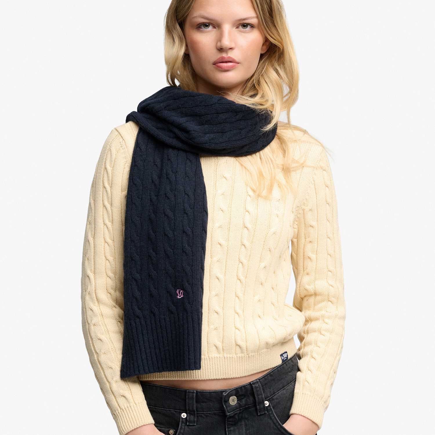 Superdry & Co Women's Wool Blend Cable Knit Scarf - Navy - Available at M&S