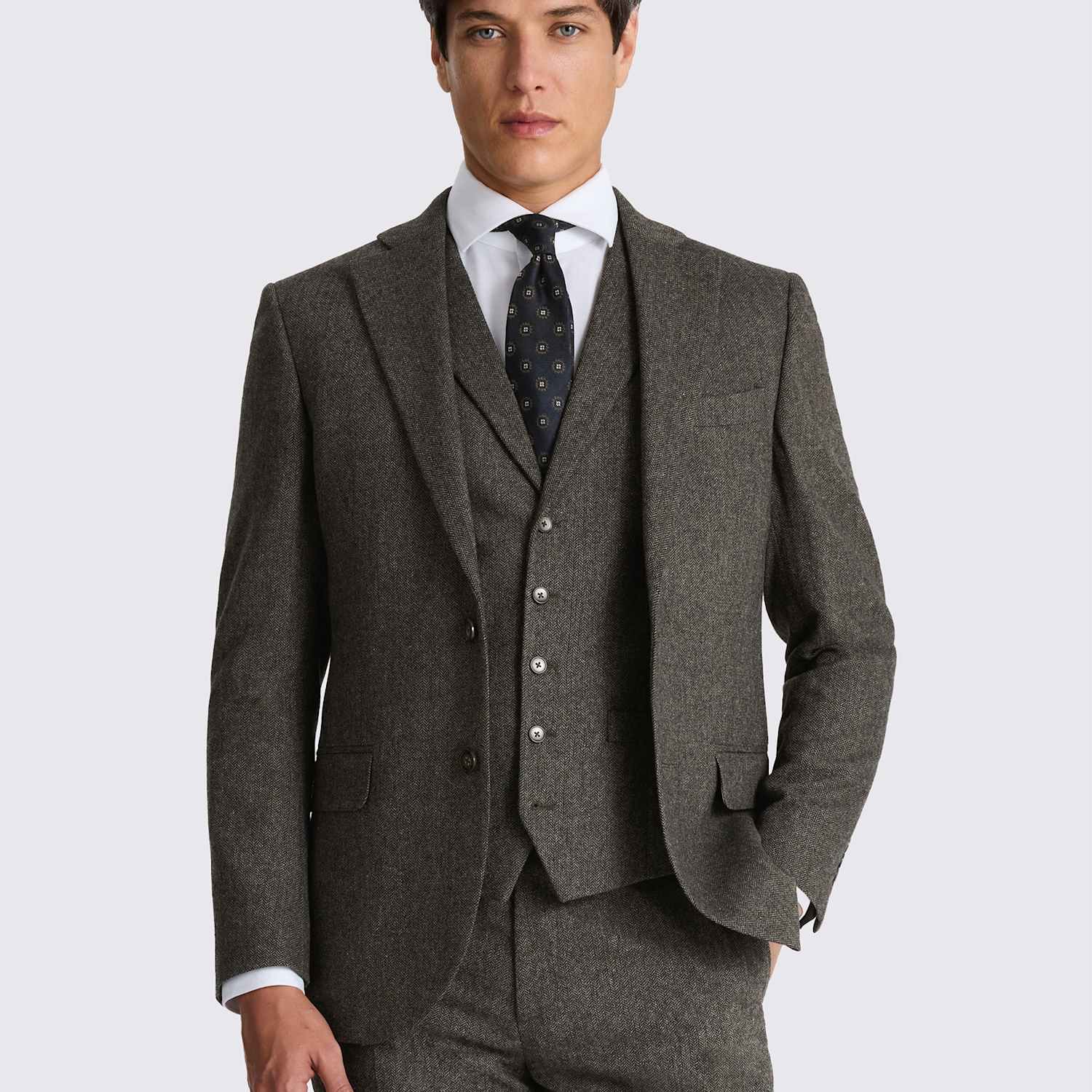 Moss Men's Tailored Fit Wool Blend Herringbone Suit Jacket - 48 - Olive - Available at M&S
