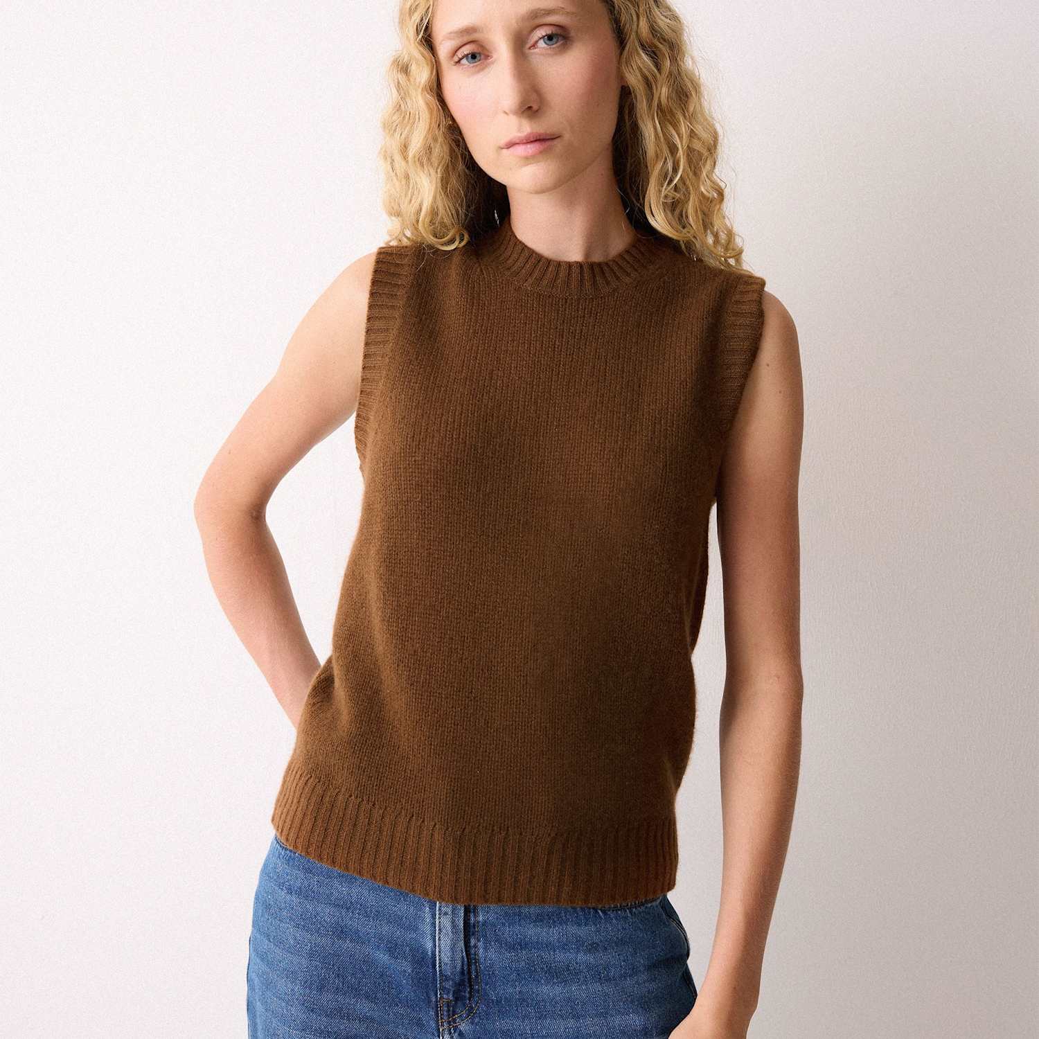 Jigsaw Women's Pure Cashmere Crew Neck Knitted Vest - Extra Small - Brown - Available at M&S