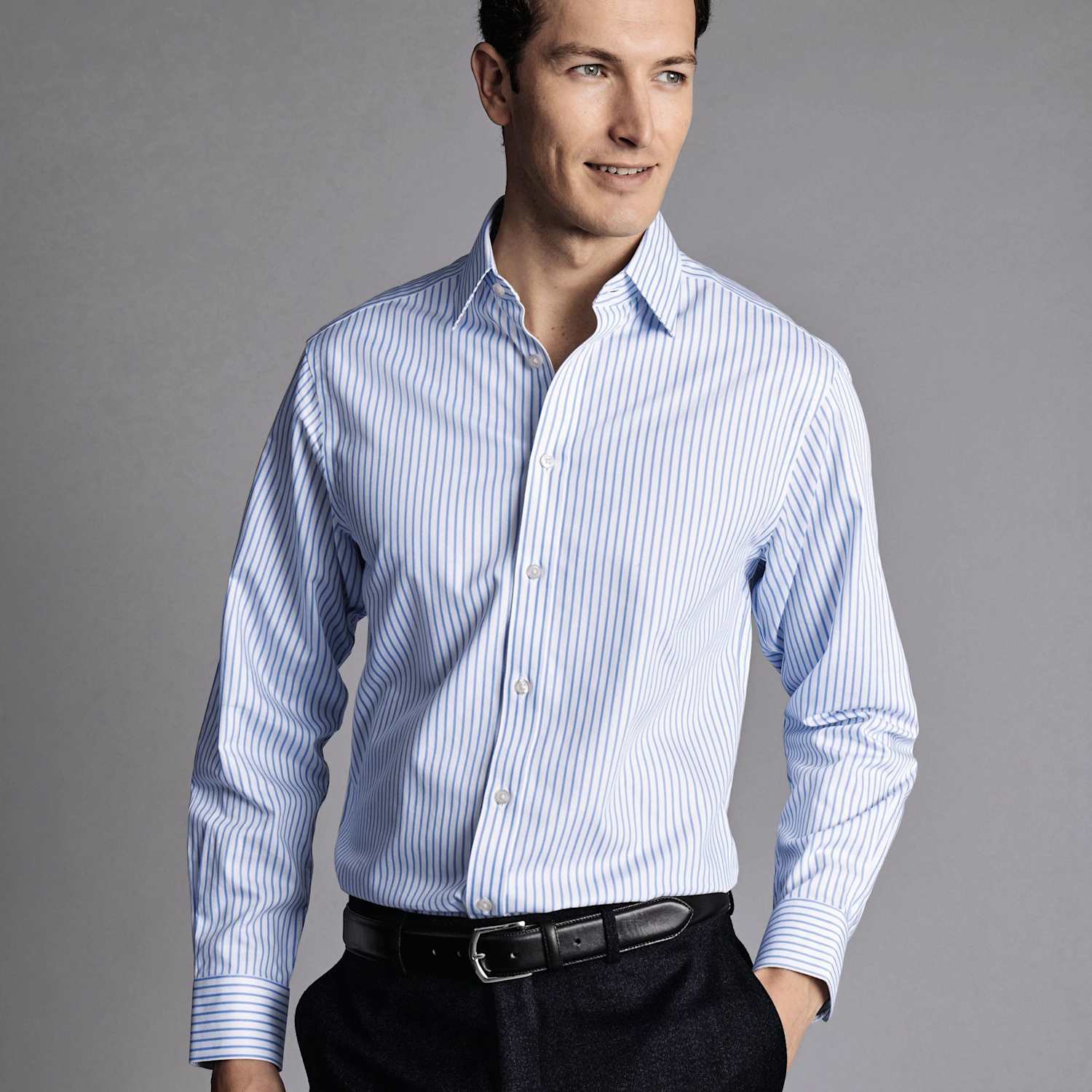 Charles Tyrwhitt Men's Regular Fit Non-Iron Pure Cotton Twill Striped Shirt - 15½/34in - Light Blue Mix - Available at M&S