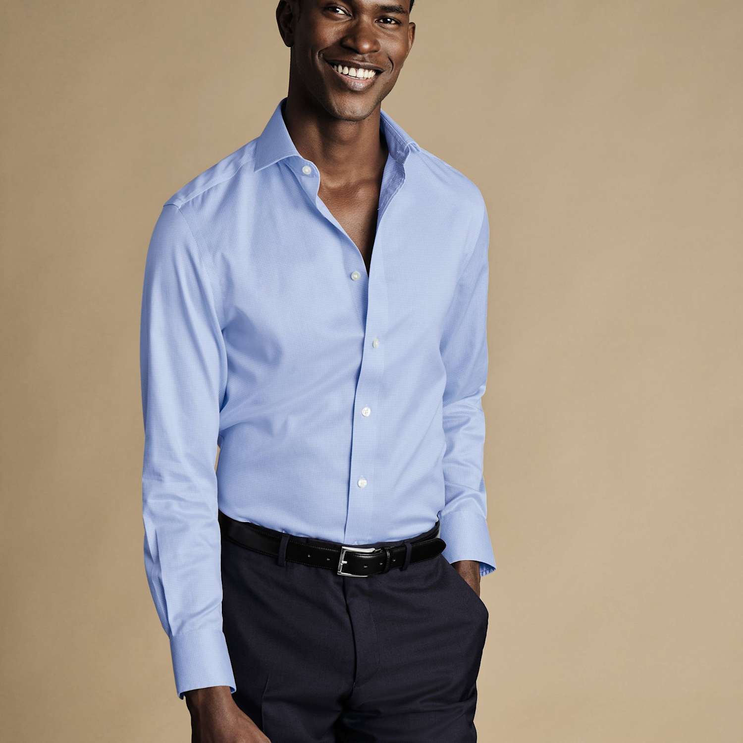 Charles Tyrwhitt Men's Slim Fit Non Iron Puppytooth Shirt - 14½/33in - Light Blue Mix - Available at M&S