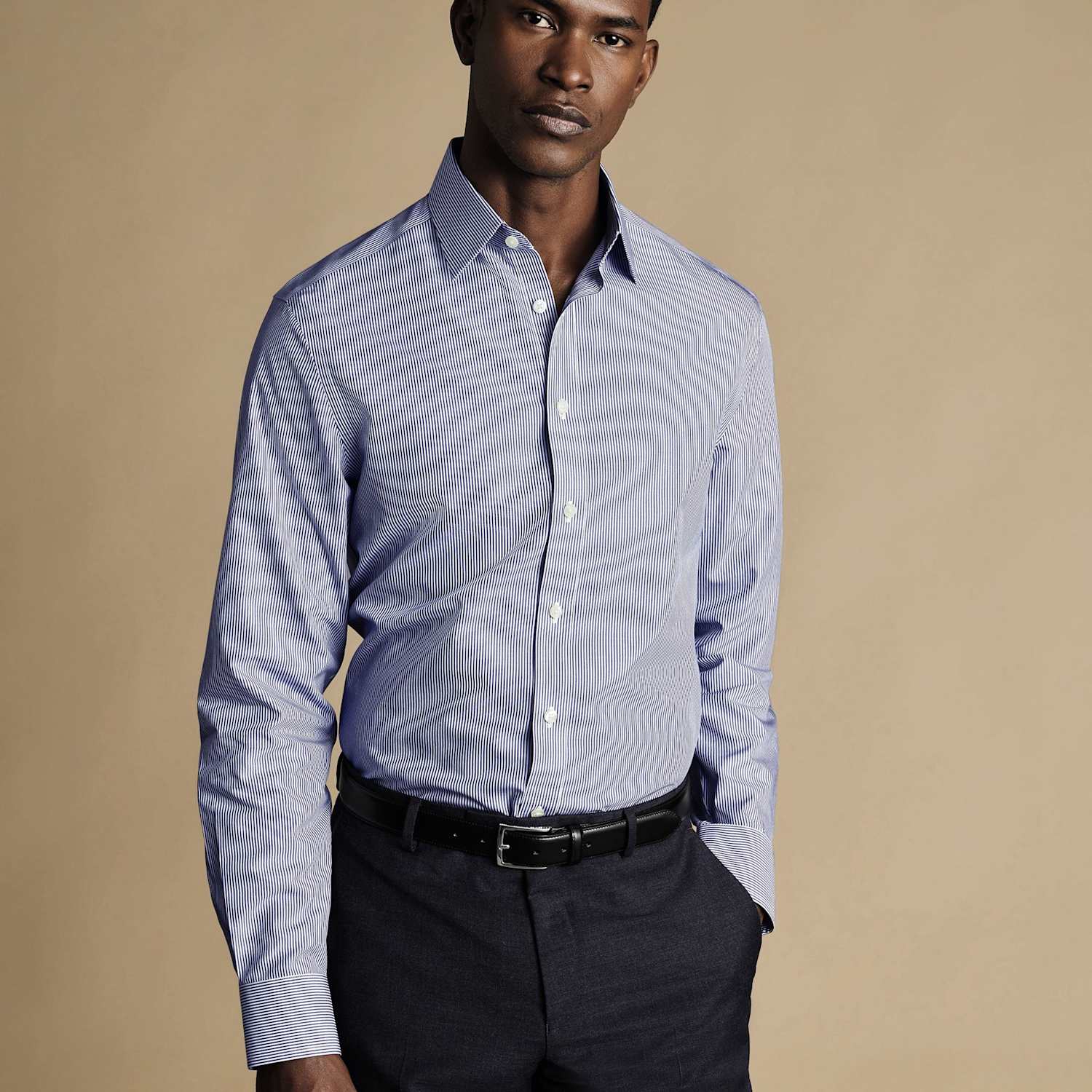 Charles Tyrwhitt Men's Slim Fit Non Iron Pure Cotton Striped Shirt - 16½/36in - Navy Mix - Available at M&S