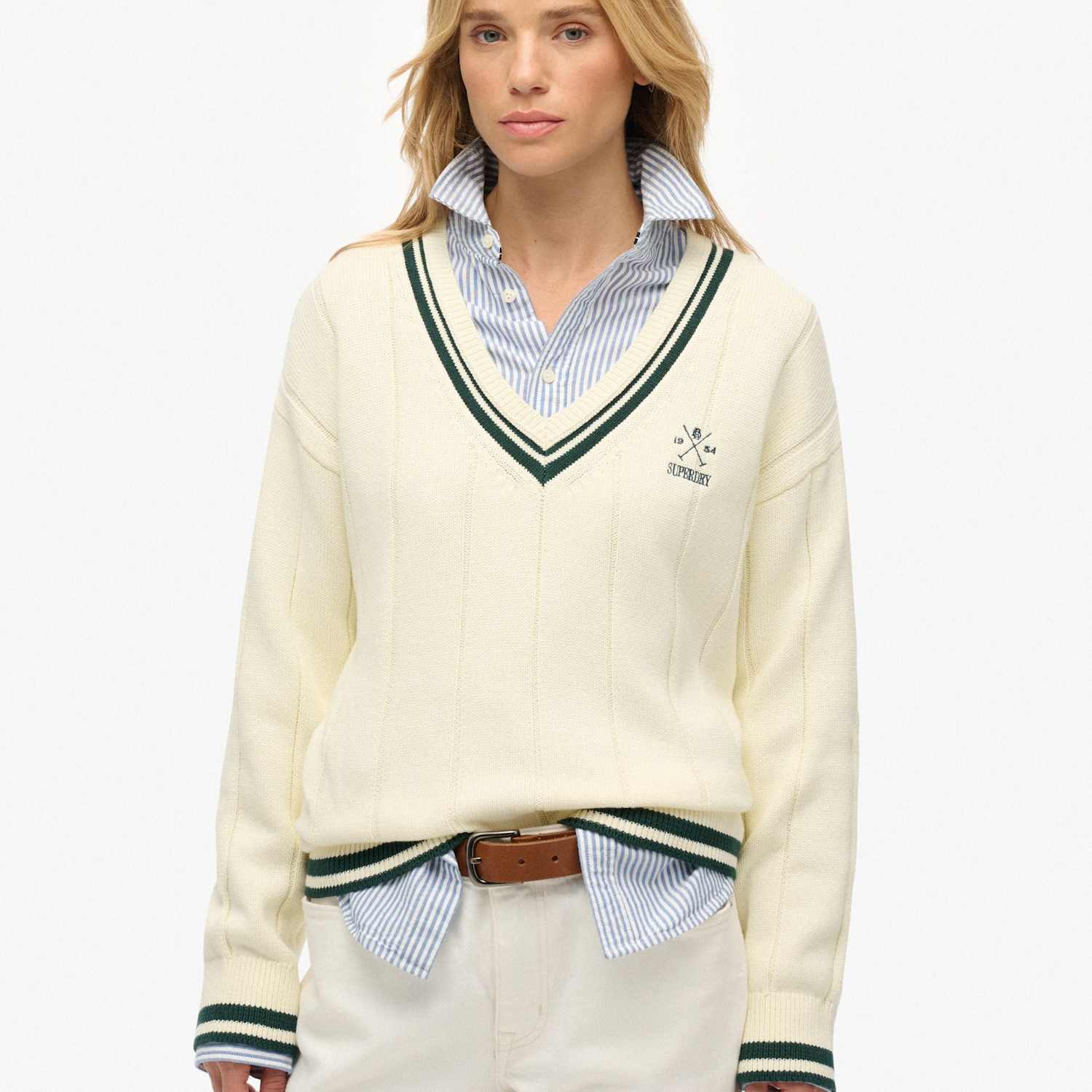 Superdry & Co Women's Pure Cotton Textured V-Neck Oversized Jumper - 14 - Cream Mix - Available at M&S