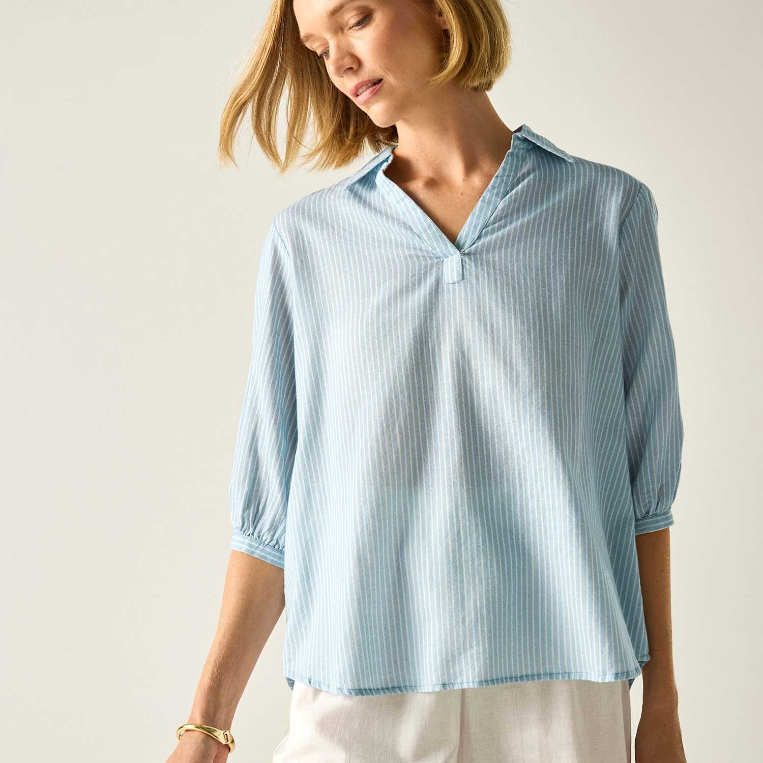 Regatta Women's Nofino Cotton Rich Striped V-Neck Blouse - 14 - Blue Mix - Available at M&S