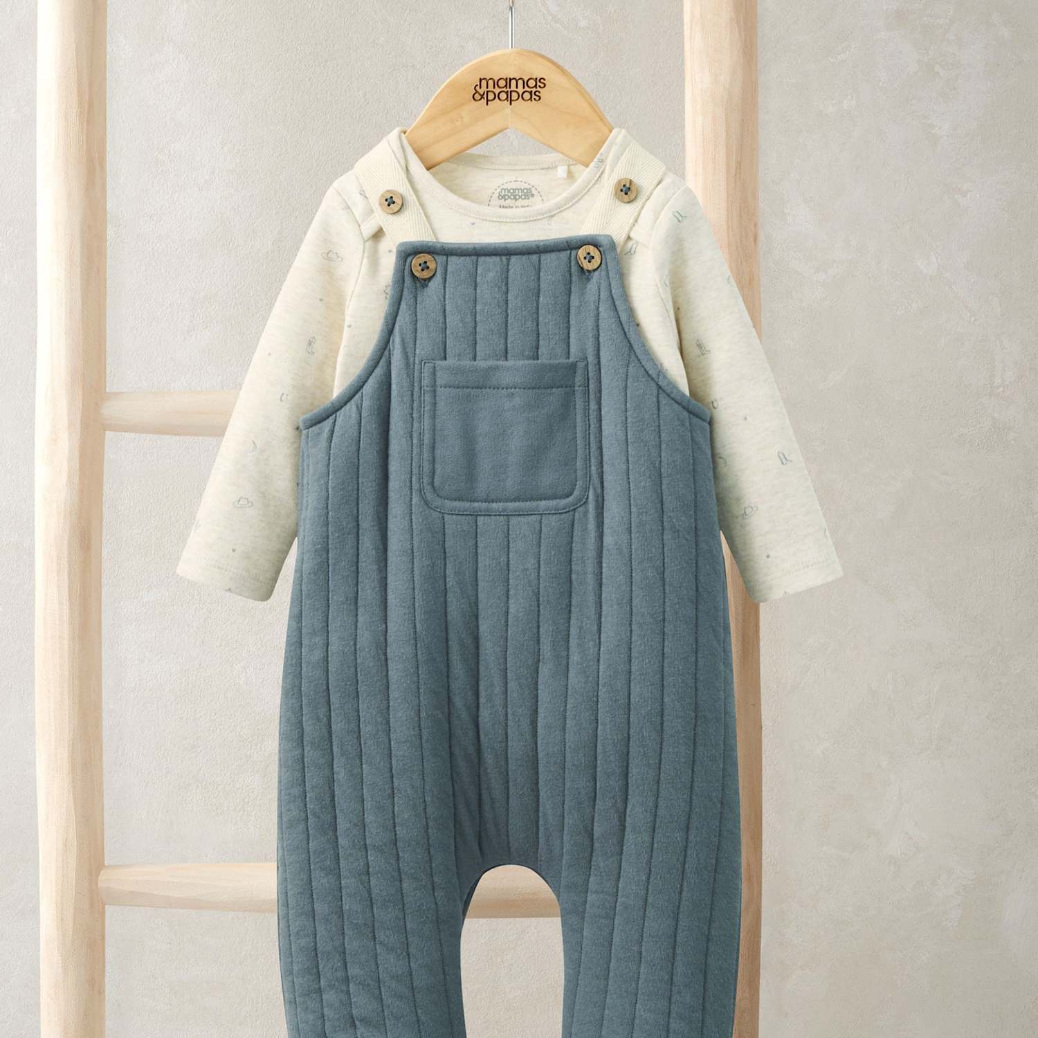 Mamas & Papas Boys Cotton Rich Quilted Dungarees & Bodysuit Set (0-12 Mths) - 9-12 Months - Blue - Available at M&S
