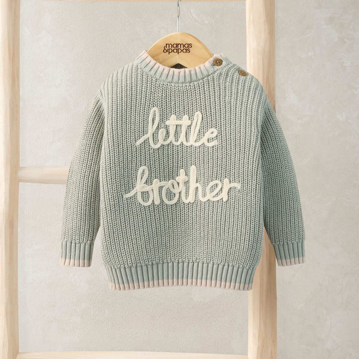 Mamas & Papas Boys Pure Cotton Little Brother Slogan Jumper (7lbs-9 Mths) - 0-3 Months - Green - Available at M&S