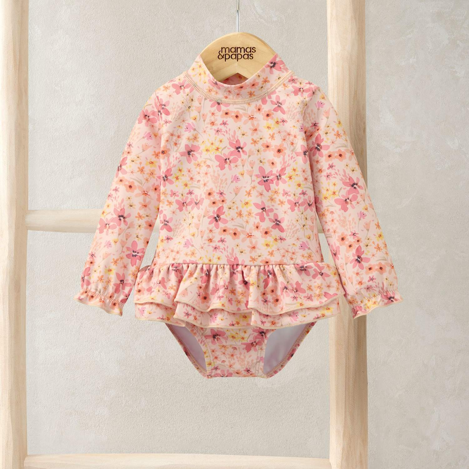 Mamas & Papas Girls Floral Frill Long Sleeve Swimsuit (0-3 Yrs) - 0-3 Months - Pink - Available at M&S