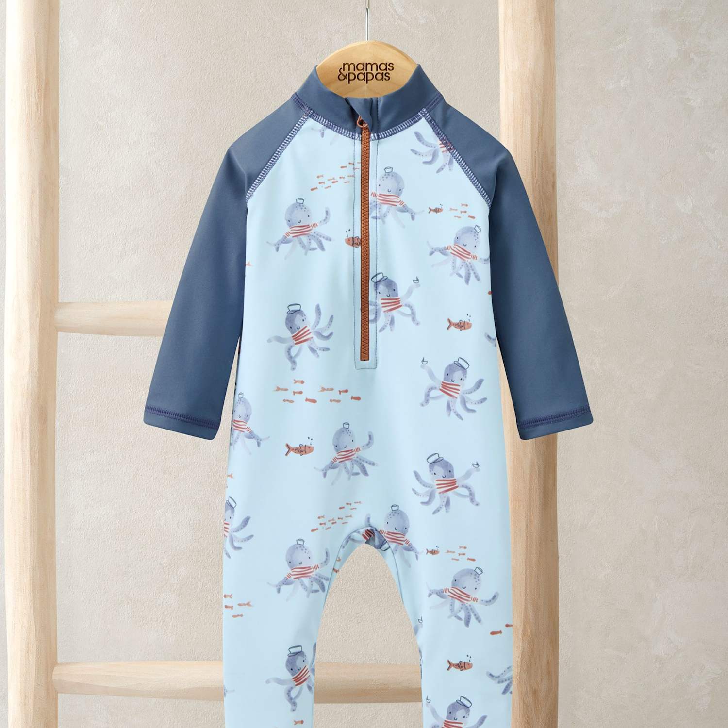 Mamas & Papas Boys Octopus Long Sleeve Swim All In One (0-3 Yrs) - 3-6 Months - Blue - Available at M&S