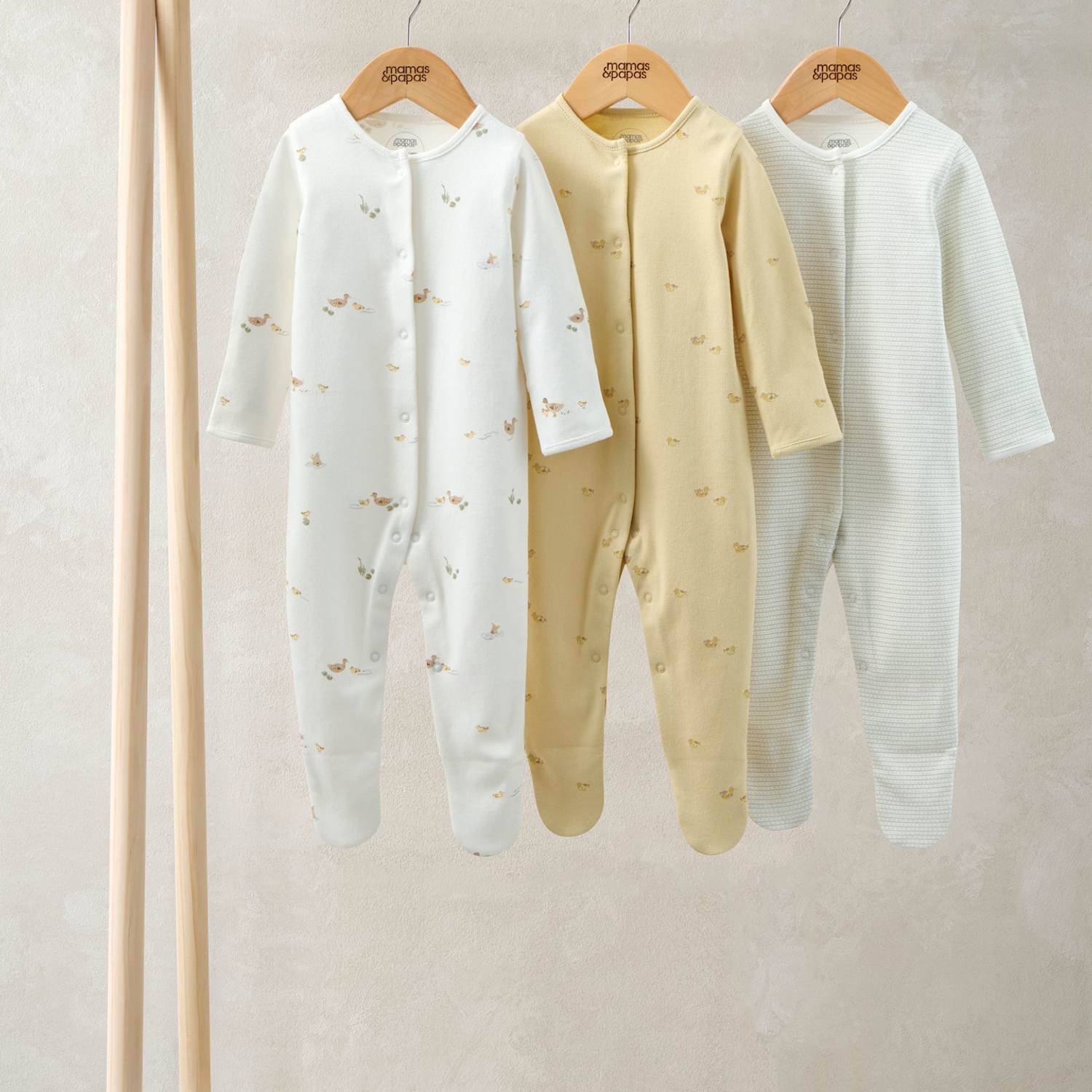 Mamas & Papas Kids 3 Pack Pure Cotton Duck Print Sleepsuits (6 ½lbs-24 Mths) - Newborn - Multi - Available at M&S