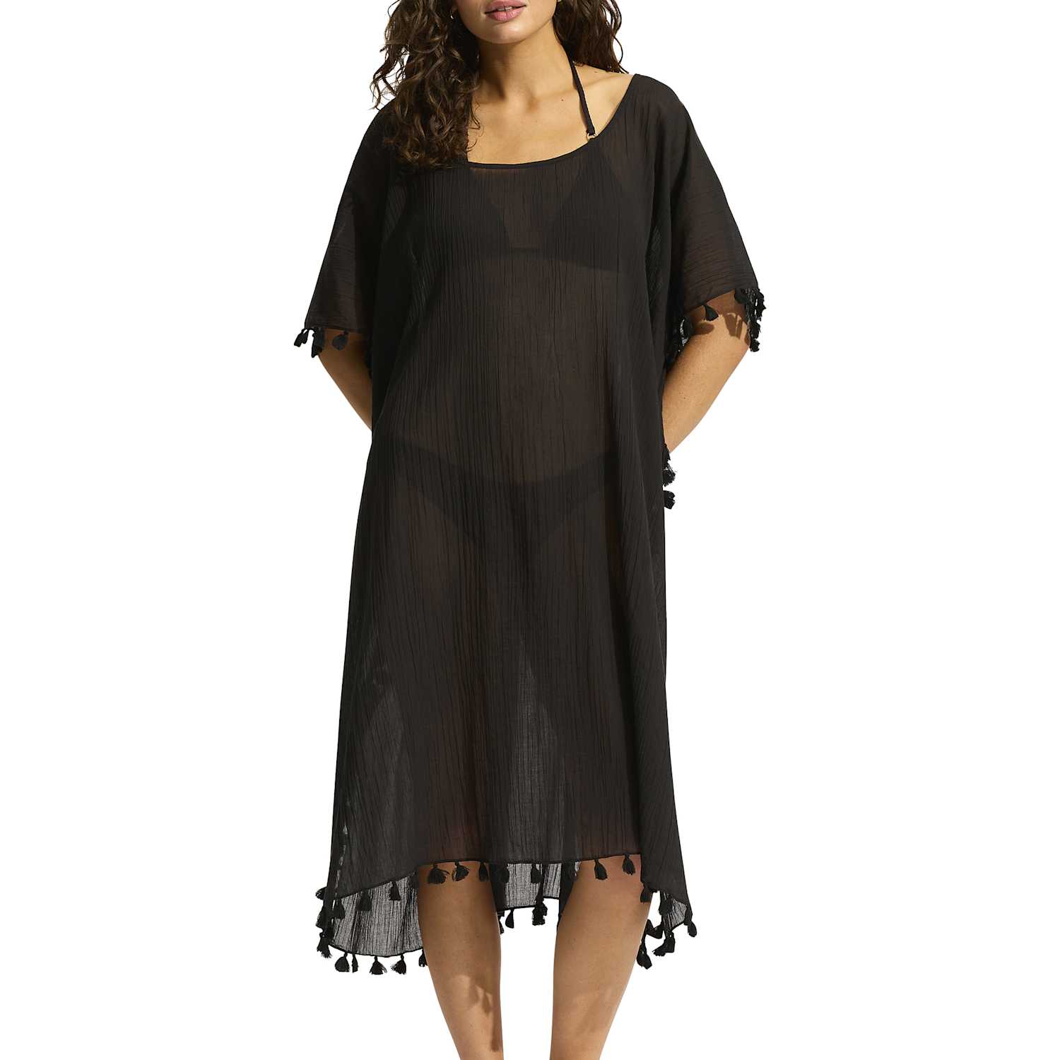 Seafolly Women's Amnesia Pure Cotton Tassel Trim Kaftan Beach Dress - Black - Available at M&S