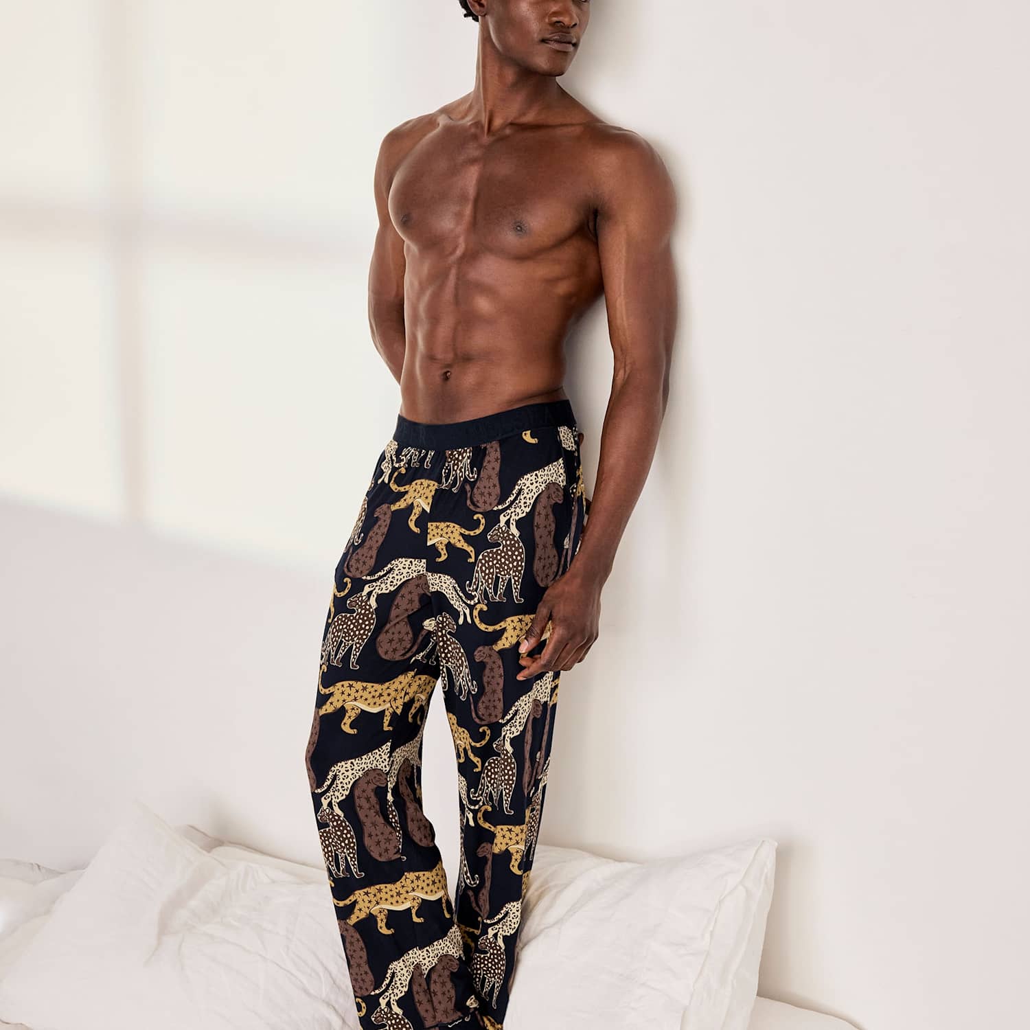 Chelsea Peers Men's Jersey Leopard Print Pyjama Bottoms - 2XL - Navy Mix - Available at M&S