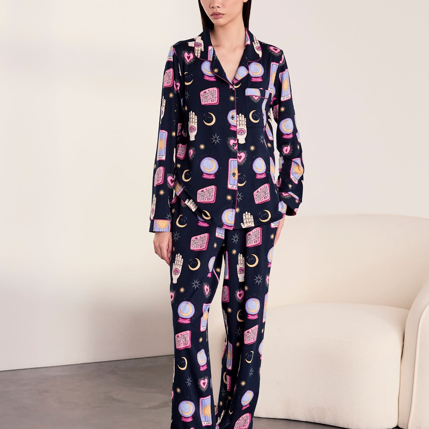 Chelsea Peers Women's Jersey Halloween Tarot Print Revere Pyjama Set - 12 - Navy - Available at M&S