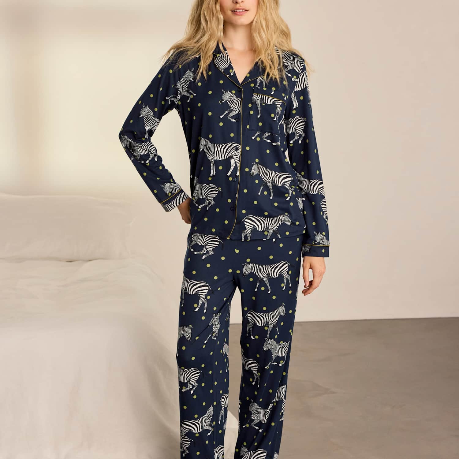 Chelsea Peers Women's Jersey Zebra Spot Print Revere Pyjama Set - 6 - Navy Mix - Available at M&S