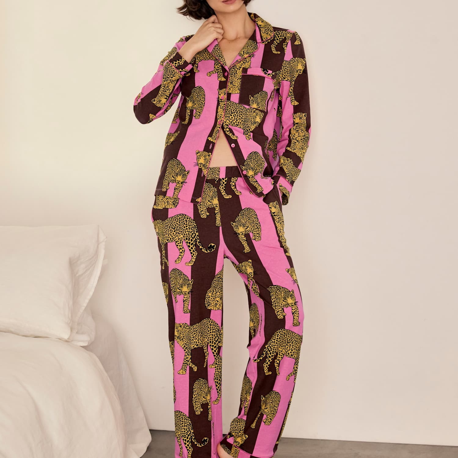 Chelsea Peers Women's Cotton Long Sleeve Two Piece Leopard Stripe Pyjama Set - 20 - Multi - Available at M&S